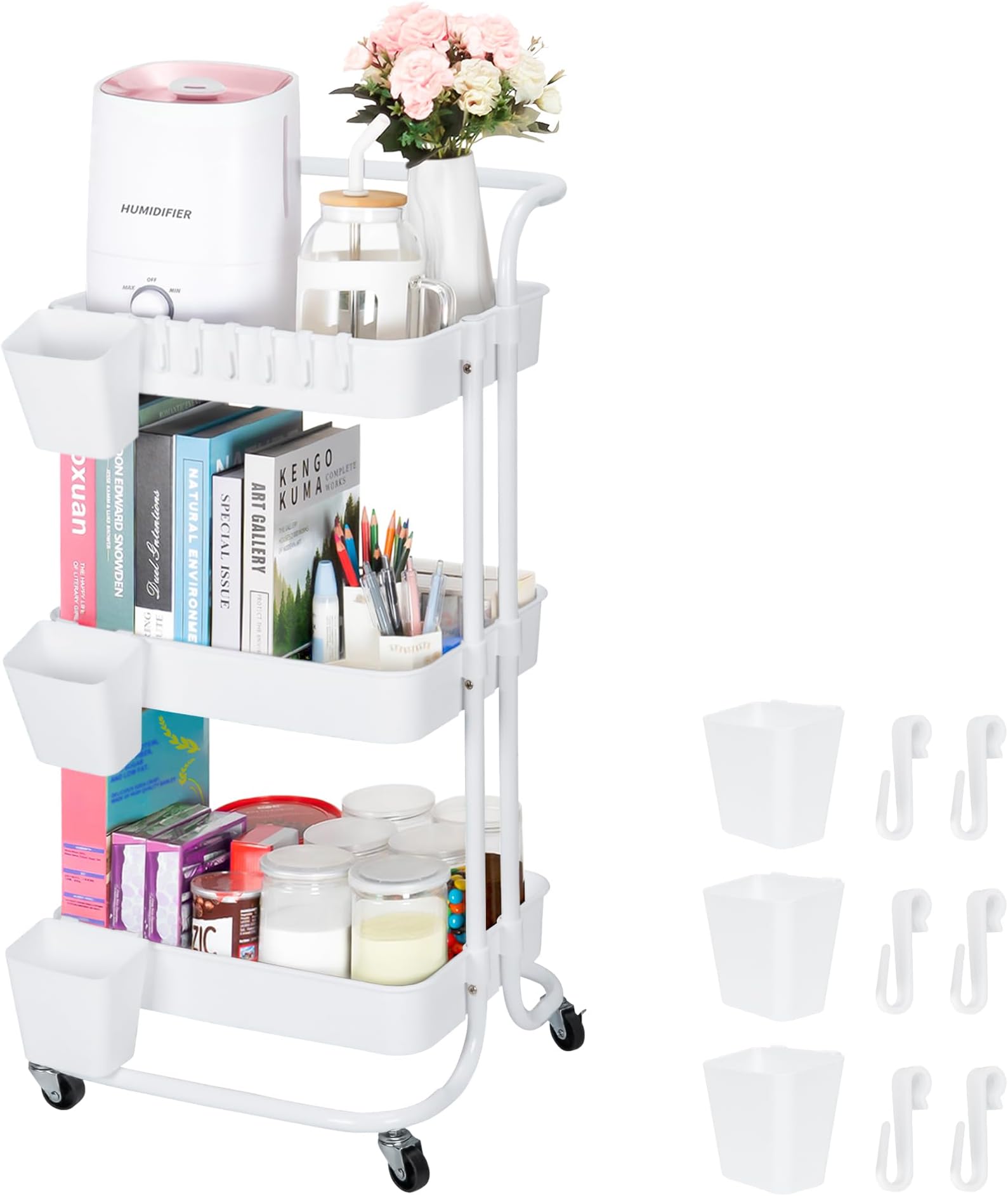 Bemece 3 Tier Trolley, Storage Trolley on Wheels with PP Draining Basket for Kitchen Bathroom Laundry and Office(white)