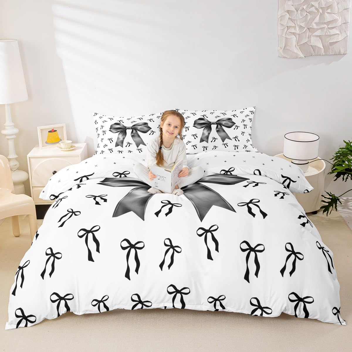 Homewish Cute Black Bow Knot Duvet Cover for Kids Boys Girls Fairy Tales Bow-Tie Super King Bed Set Black and White Bedding Set Romantic Simple Bow Quilt Cover 3Pcs Bedroom Decor