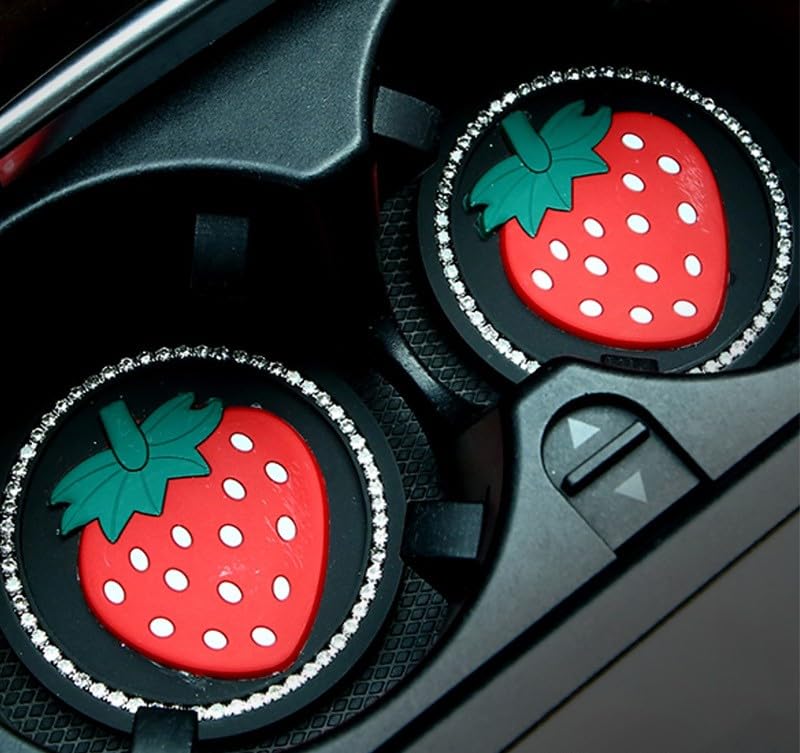 Bling Cup Holder Insert Coaster- 2.75 inch Silicone Anti-Slip Shockproof, Universal Fashion Car Interior Accessories for Women (Strawberry, 2 PCS)