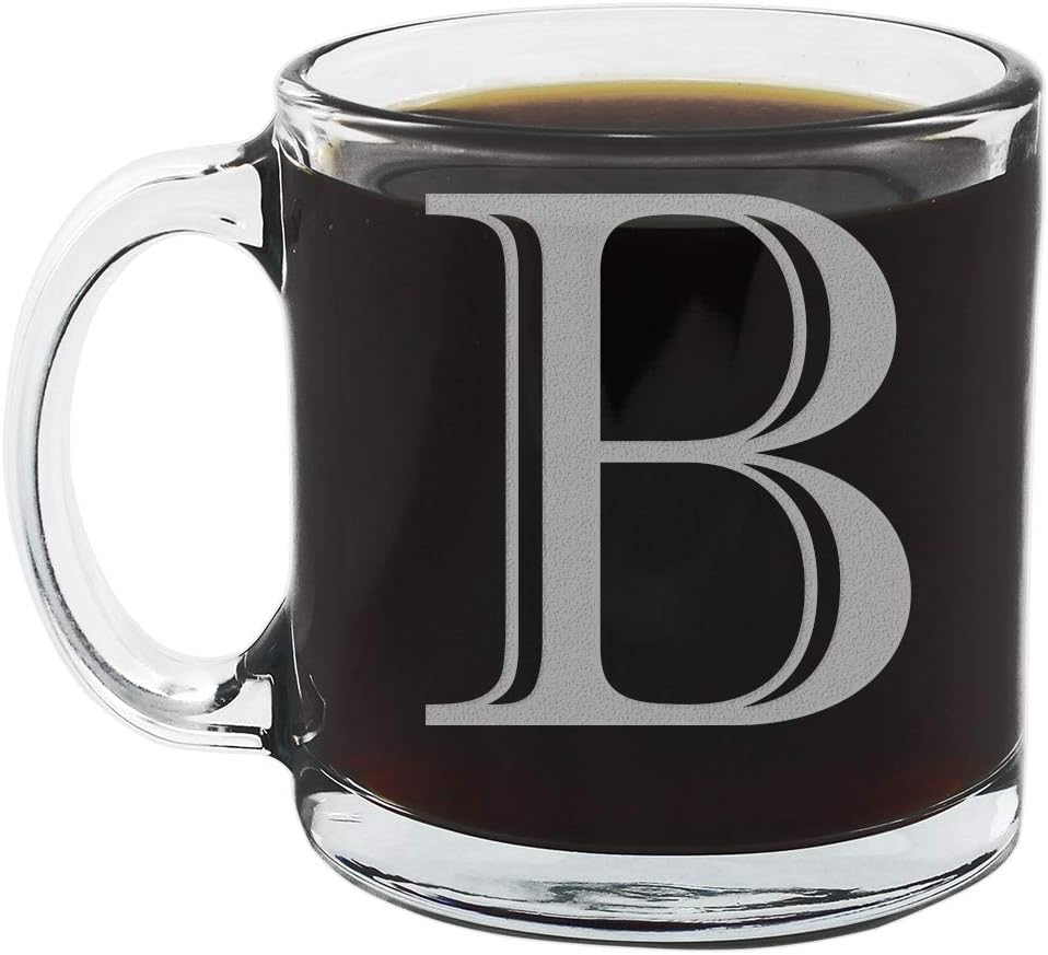 Etched Monogram 12oz Clear Glass Coffee Mug (Letter B), A-Z Customized Gifts for Coffee Lovers, Custom Engraved Gifts for Women Her, Personalized Gift for Men, Initial