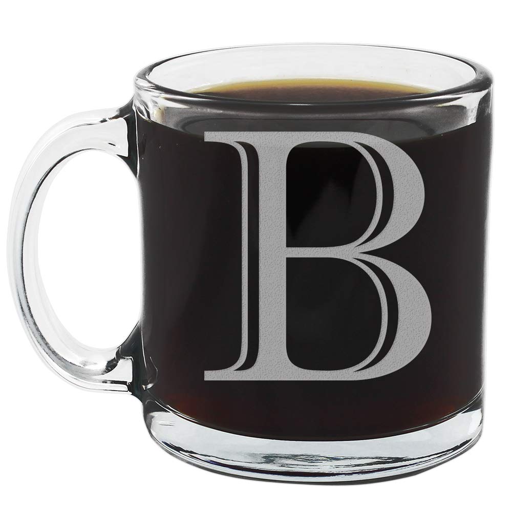 Etched Monogram 12oz Clear Glass Coffee Mug (Letter B), A-Z Customized Gifts for Coffee Lovers, Custom Engraved Gifts for Women Her, Personalized Gift for Men, Initial