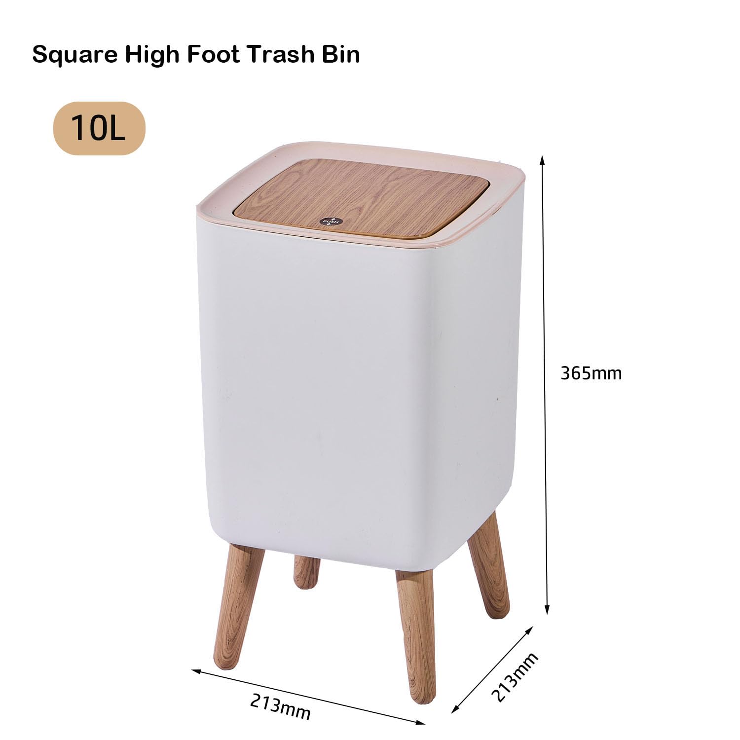 JETAINE Mini pattumiera con coperchio, cestino della spazzatura da 10 litri, alto quadrato, moderno, bianco, con gambe in legno, rifiuti in plastica per cucina, bagno, camera da letto, soggiorno