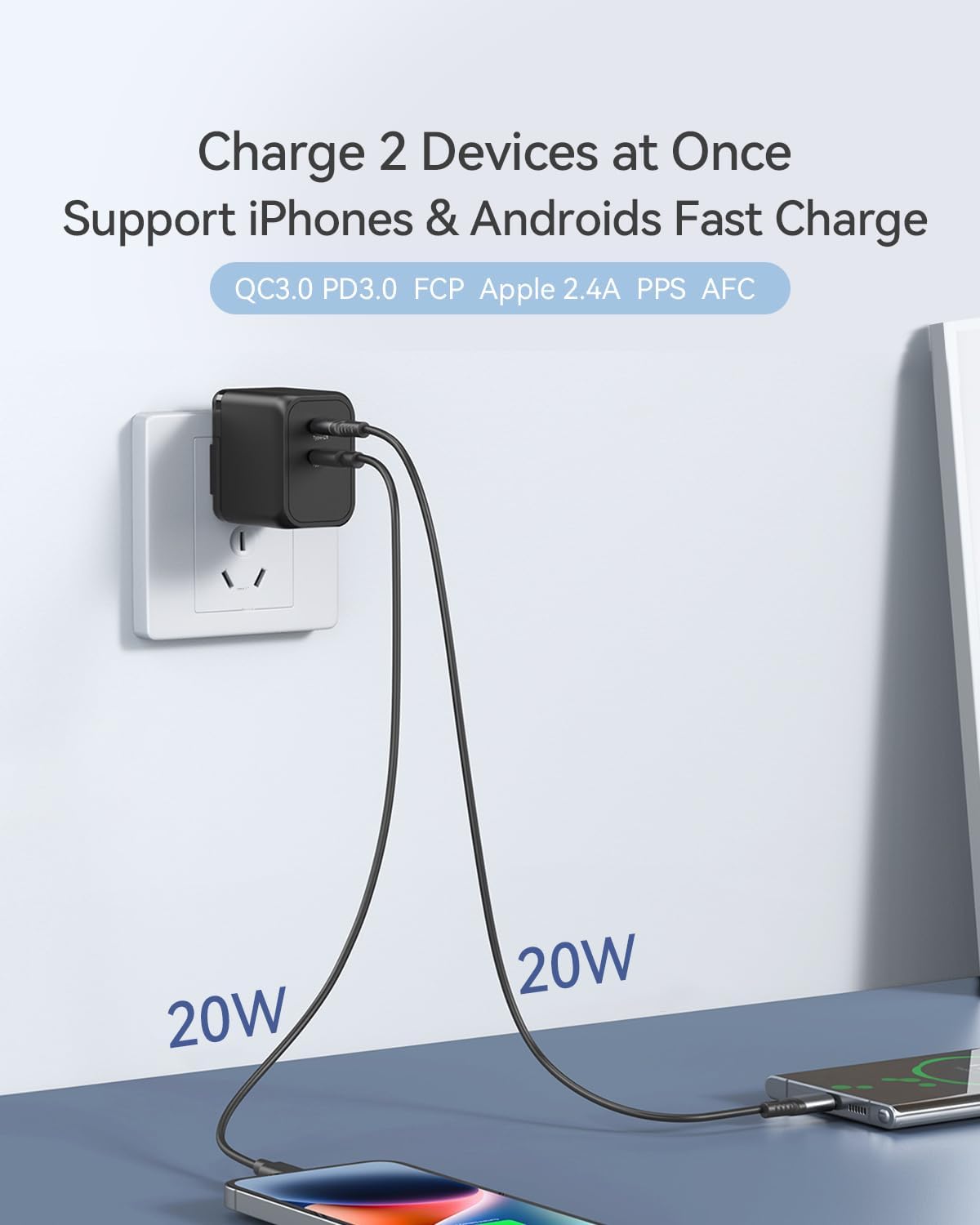 K&ZZ USB C Charger Block 45W Dual Port Super Fast Type C Wall Charger Foldable PD GaN Chargers Charging Station USB-C Charger Adapter for MacBook/iPad/iPhone 17