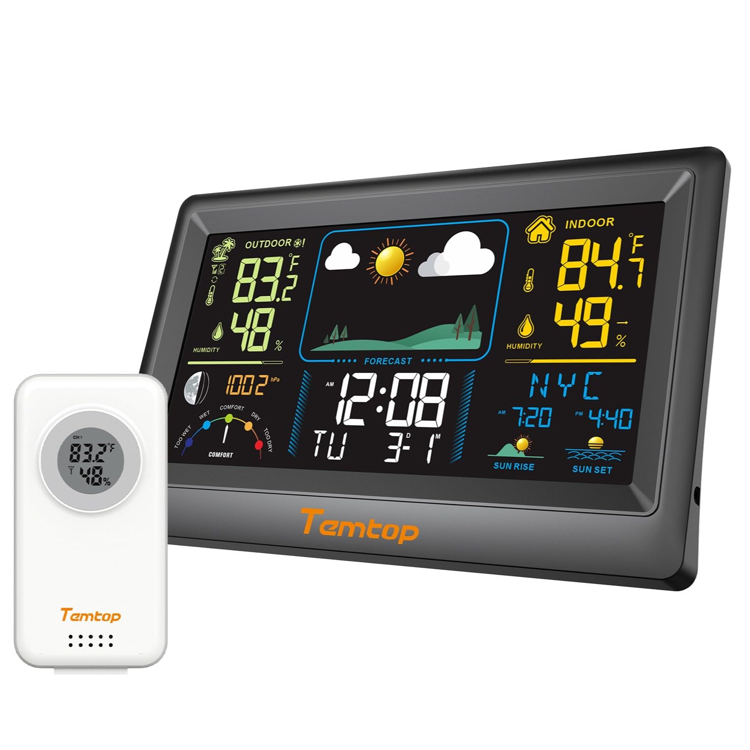 Temtop Multifunctional Weather Station with Indoor/Outdoor Temperature, Humidity, Atmospheric Pressure, Weather Forecast, Moon Phase, and Alarm Features, W100 Lite-image-45