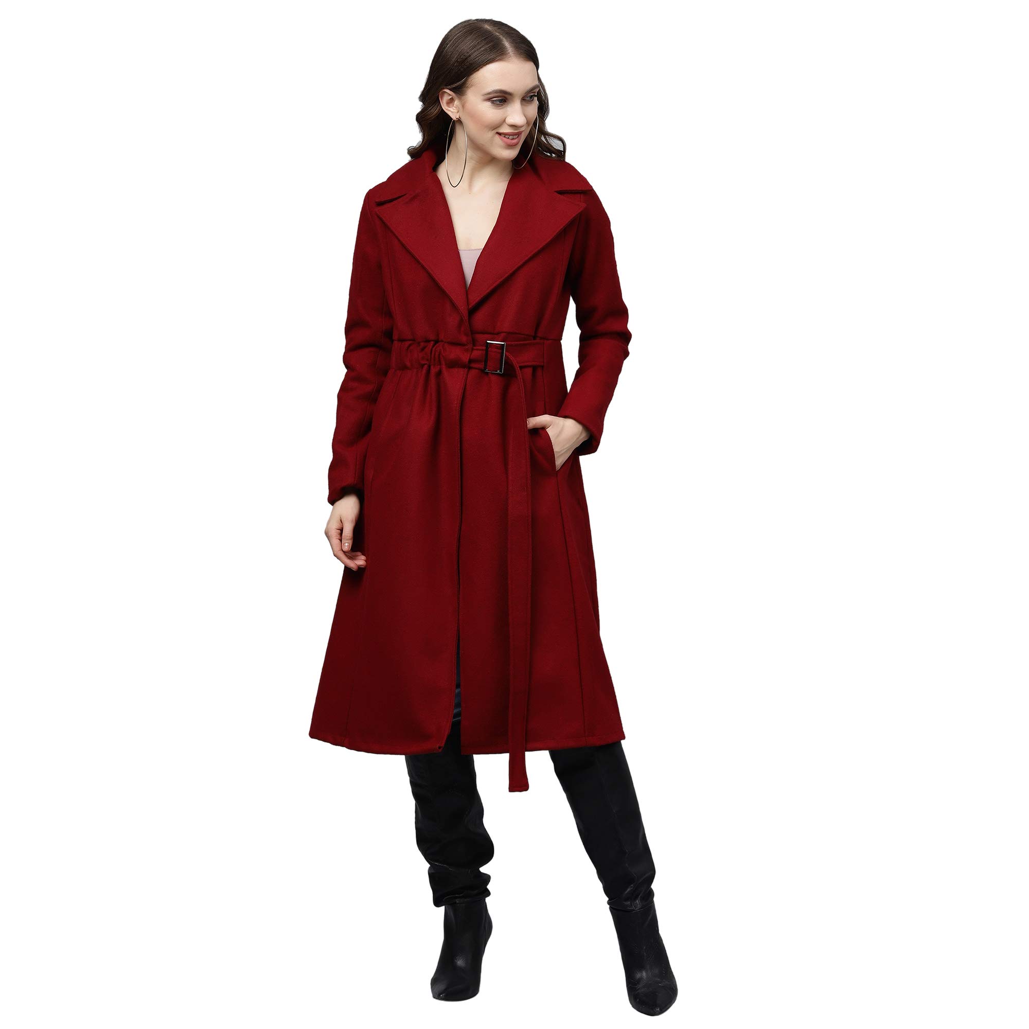 poshbery Maroon Coat with Front Buckle and Gathered Belt-picture-24