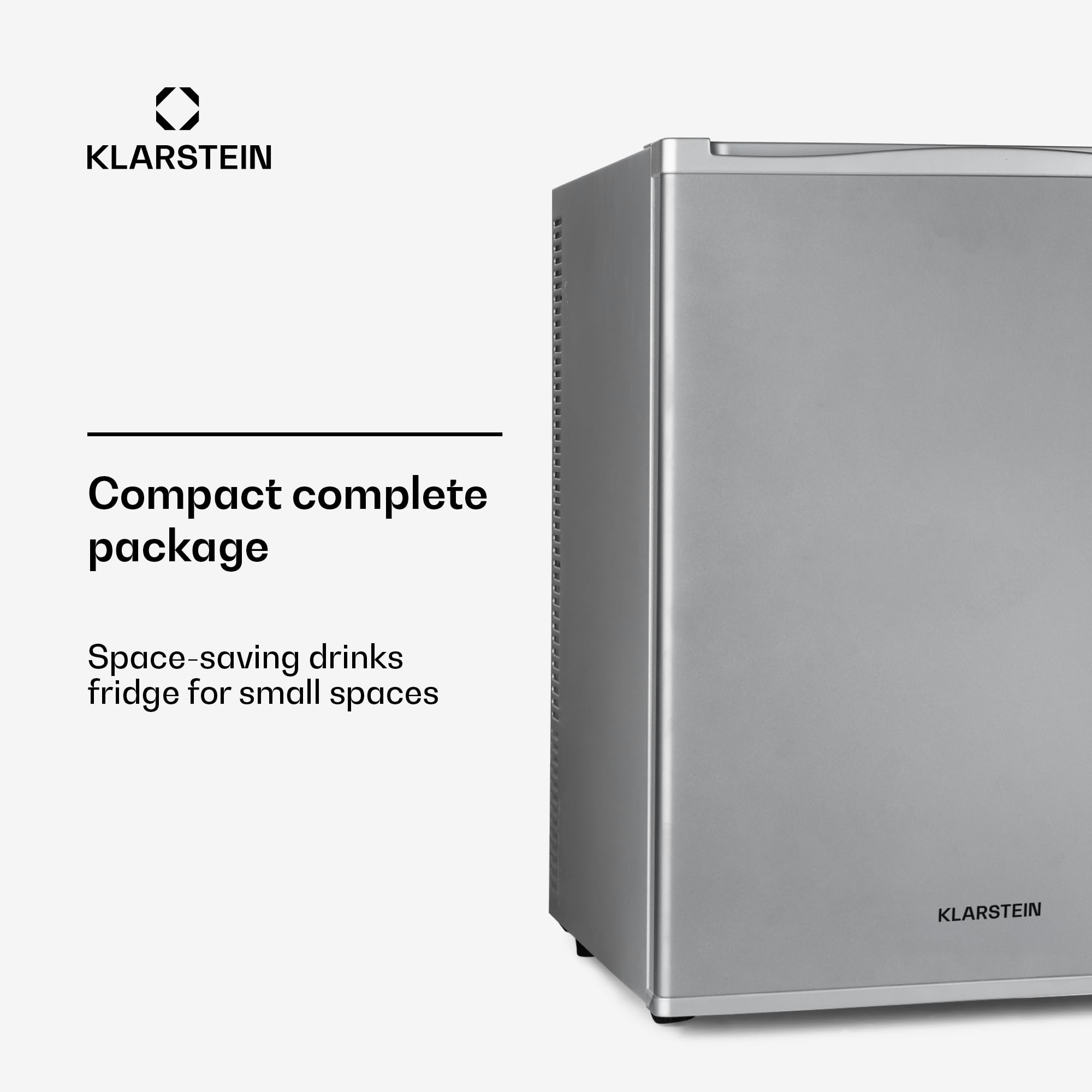 Klarstein Happy Hour - minibar, mini lodówka, lodówka na napoje, kompresor, temperatura chłodzenia: 5-15 °C, cichy: 0 dB, oświetlenie LED, 37 litrów, srebrny