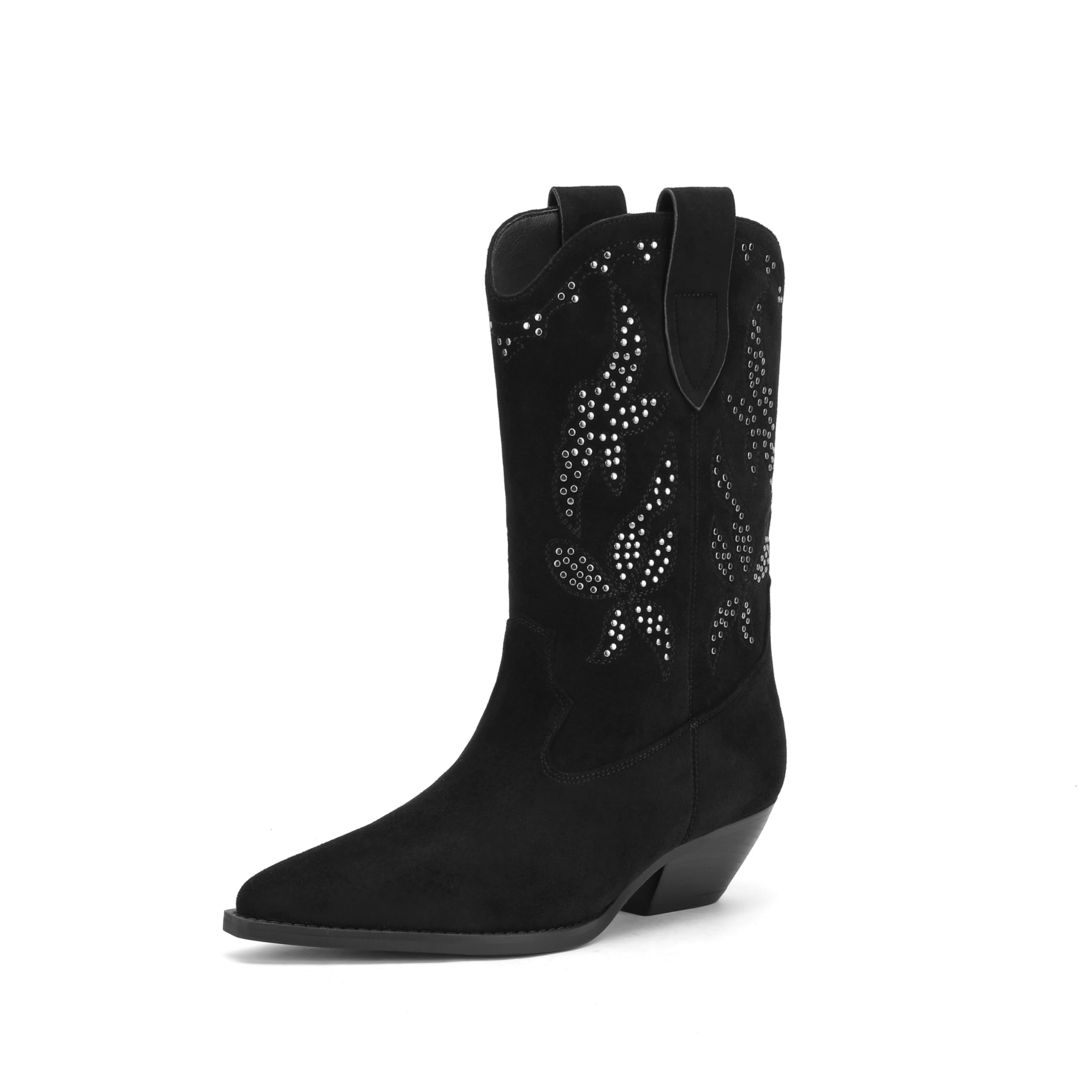 Cowgirl Western Boots Stud Embellishments Black Pointed Toe Suede Womens Cowboy Boots For Women Studded Embellished Mid-Calf Western