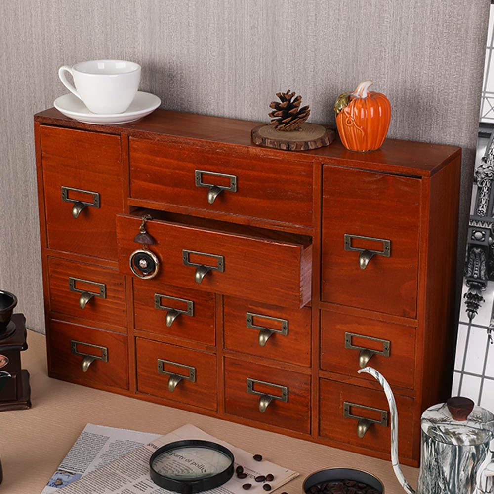 Apothekerschrank mit 12 Schubladen, Tisch-Apotheker-Schubladen, Bibliothekskarten, Katalogschrank, Medizinschränke, Holz, Schreibtisch-Organizer, Holz-Aufbewahrungsbox (braun)