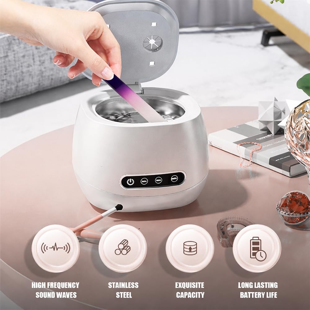 Pinkiou Nail Tools Sterilisator, Ultraschall-Tiefenreinigung für Maniküre Fräser & Bits, Schminkpinsel, 3 Zeitstufen 304 Edelstahl Reinigungsbox für Nagelstudio zu Hause, Kompakt und stilvoll, Weiß