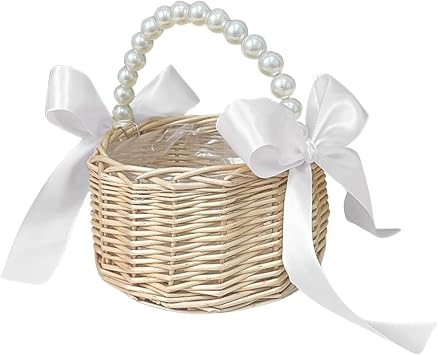 Flower Girl Basket with Pearl Handle Wedding Flower Basket Cute Rattan Wicker Basket with White Ribbon Wicker Storage Basket Decorative Baskets for Home Decor