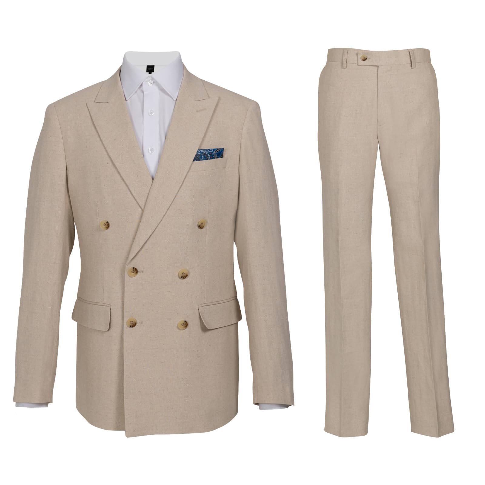 Dobell Mens Oatmeal Linen Herringbone 2 Piece Suit Lightweight Cotton Linen Blend Regular Fit Double Breasted (44R Jacket with 38R Trousers)