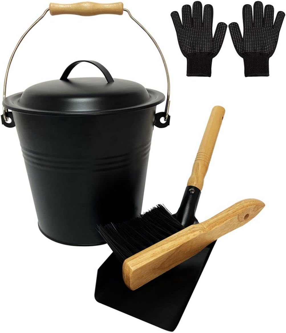 Mini Ash Bucket with Shovel, Gloves and Hand Broom, 1.5Gallon Pail with Lid, Metal