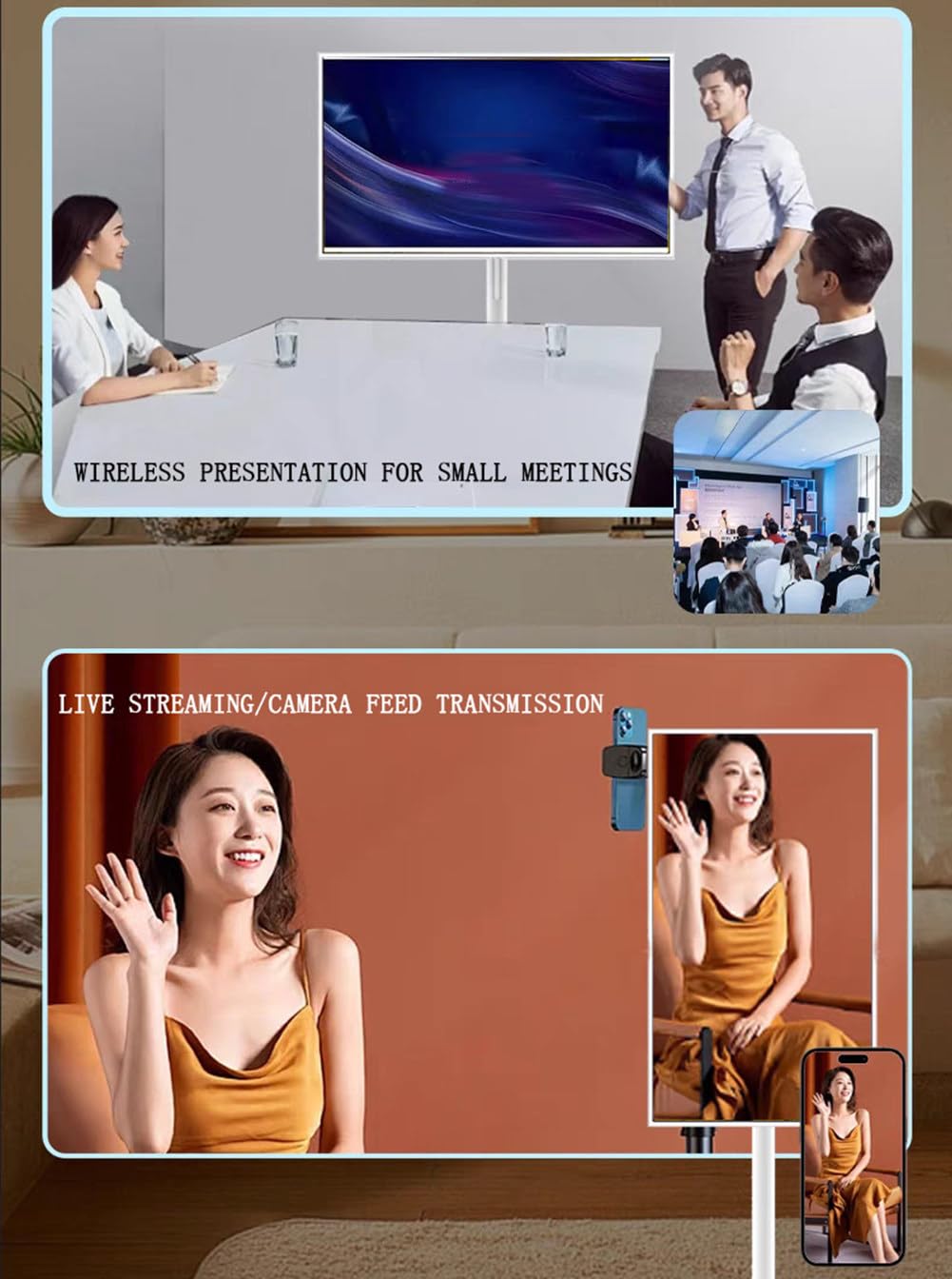 Téléviseur portable rechargeable avec support rotatif et projection sans fil, idéal pour la maison, le bureau, l'école et l'extérieur