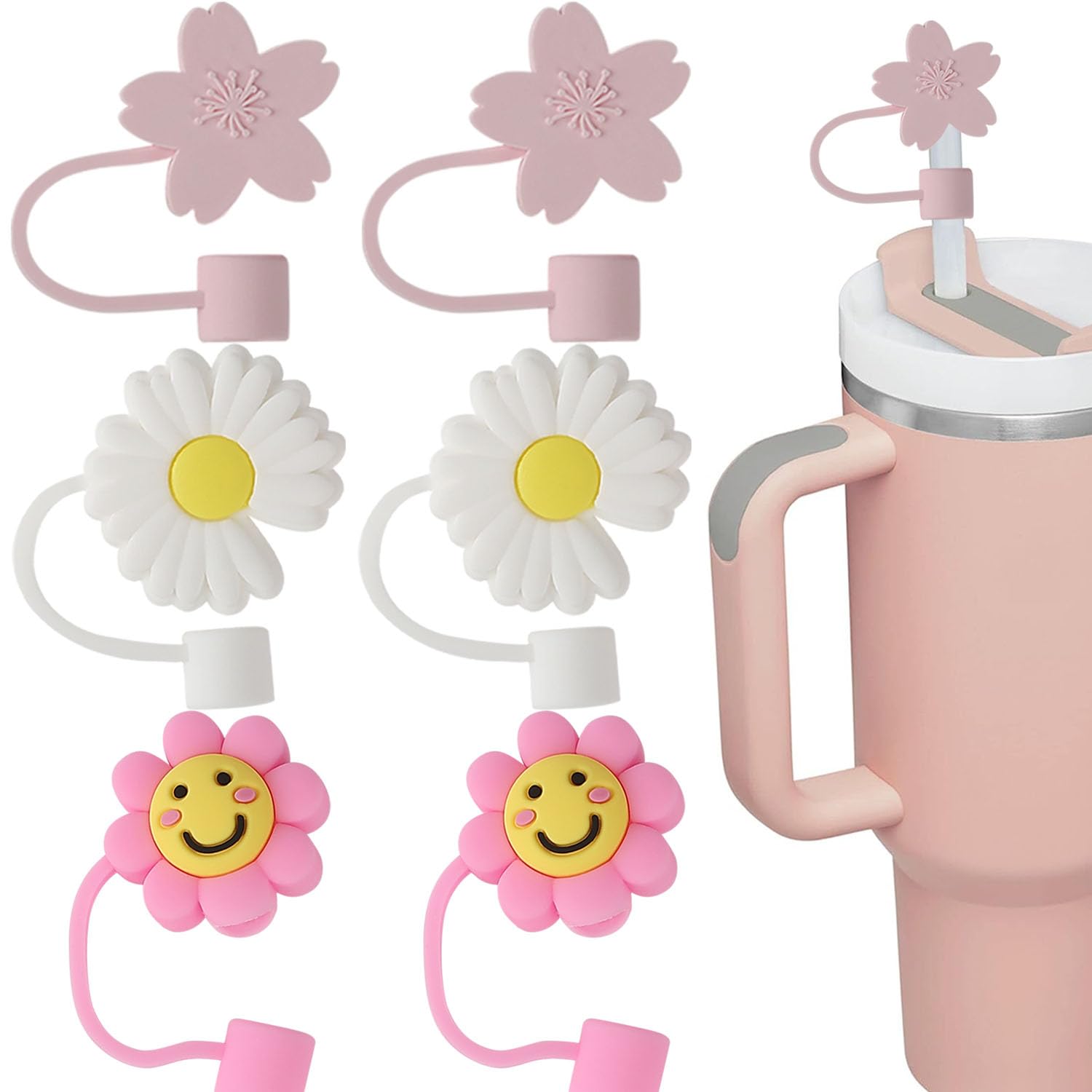 AIZIXIN 6Pcs Drinking Straw Covers Cap, Cute Silicone Reusable Straw Tips Lids for 6-8 mm Straws, Straw Toppers for Tumblers, Dust Proof Plugs Cap Protector.