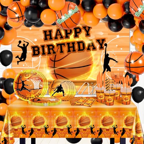 Lecheme Basketball Birthday Party Decorations 300 Pcs Basketball Party Supplies Basketbal Theme Banner Plates Napkins Cups Balloons Set Sports Party Favors