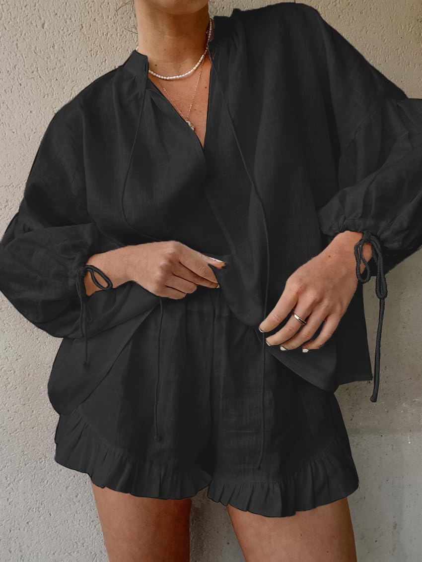 Women Ruffle 2 Piece Sets Long Sleeve Button Down Shirt and Shorts Pajamas Sets - Image 3