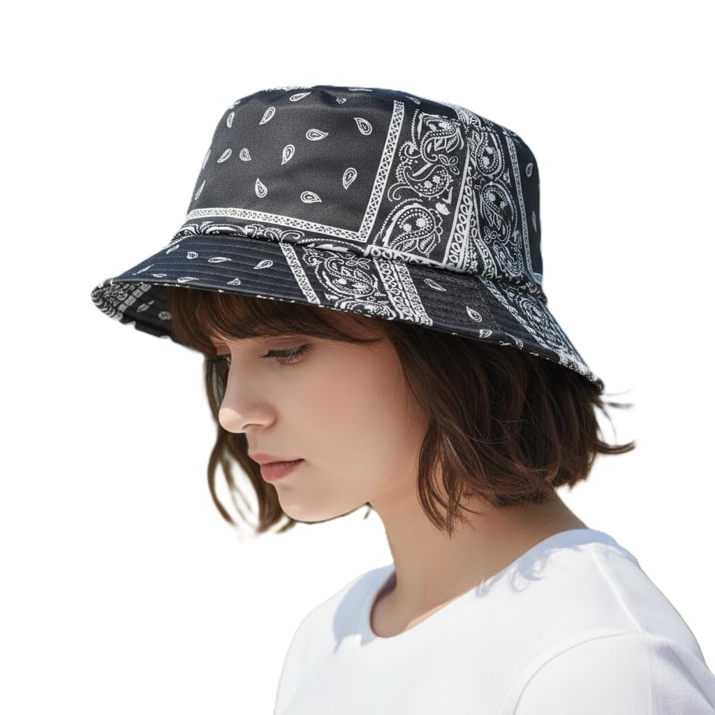 Bucket hat for Women| Cashew Black Print Bucket Hat - Reversible Design 2 in 1 | Sun Protection Summer Beach Travel Outdoor Casual Trendy Streetwear Cap