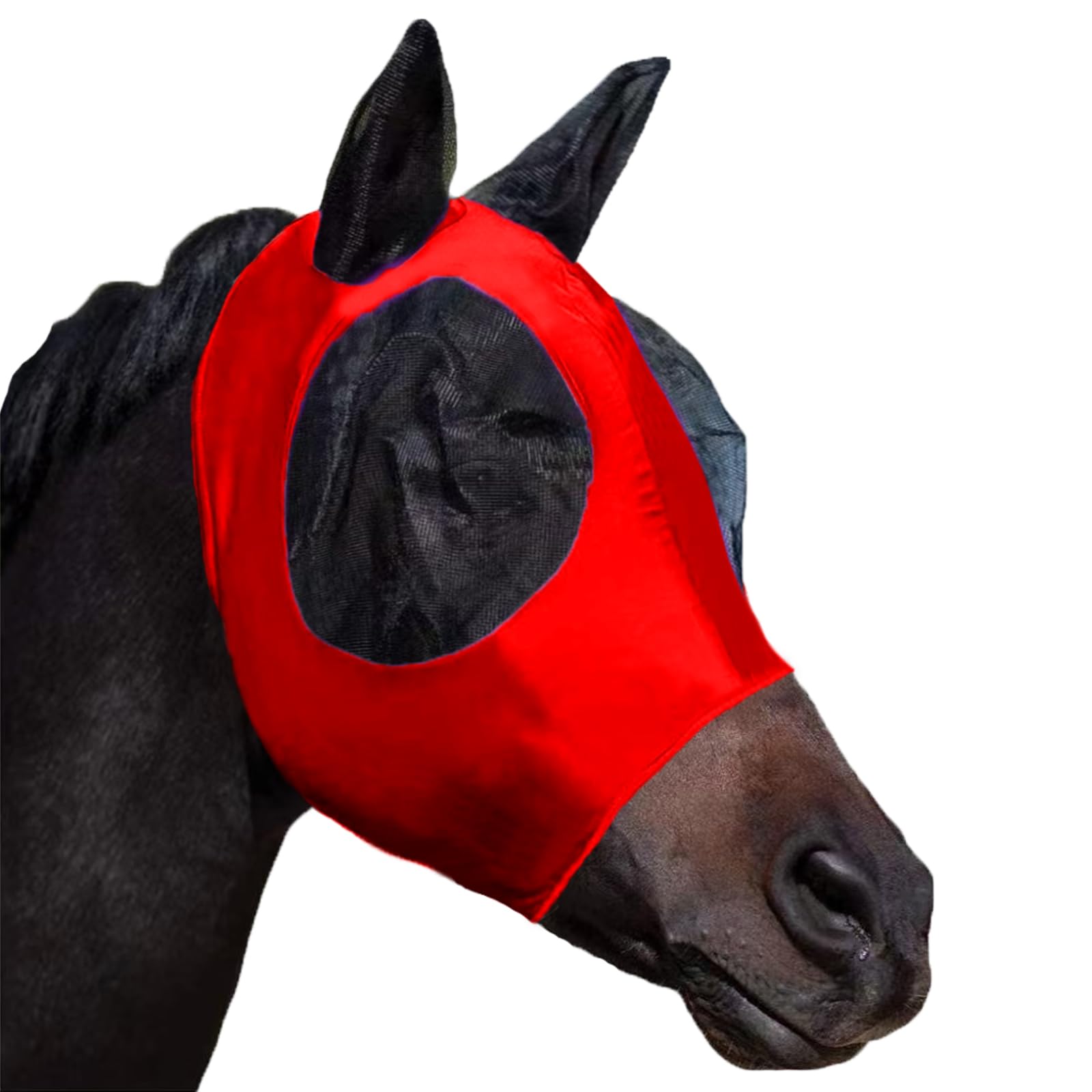 HUAME Horse Fly Mask with Ears, Comfortable Fit Stretch Fabric with UV Protection Soft on Skin Breathability for Small/Medium Size Horses (Red)