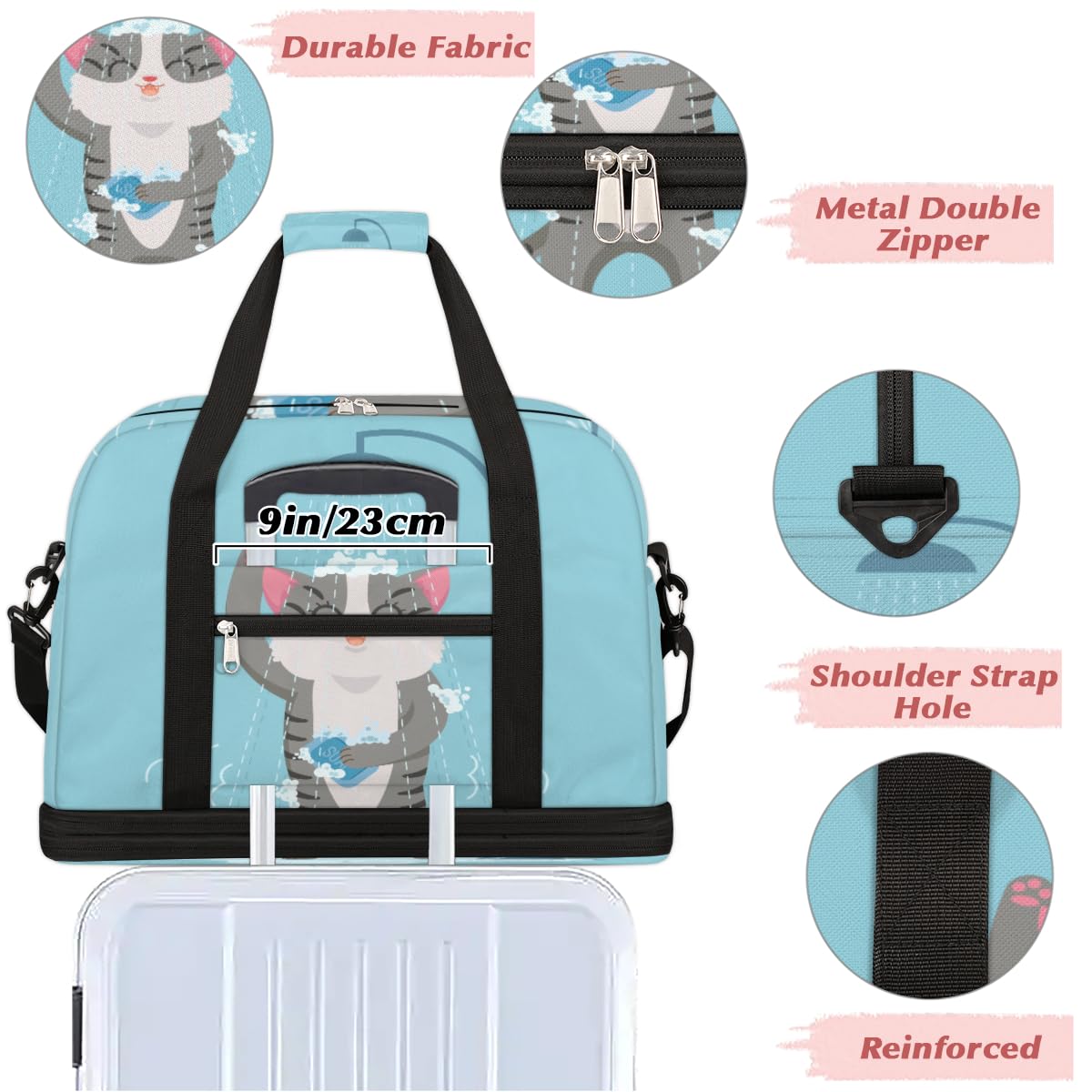 Bolsa de viaje plegable con diseño de gato divertido de 47 l, bolsa de fin de semana con funda de carrito húmeda, bolsa de hombro separada para deportes, gimnasio, viajes, multicolor, 47L, Bolsa de