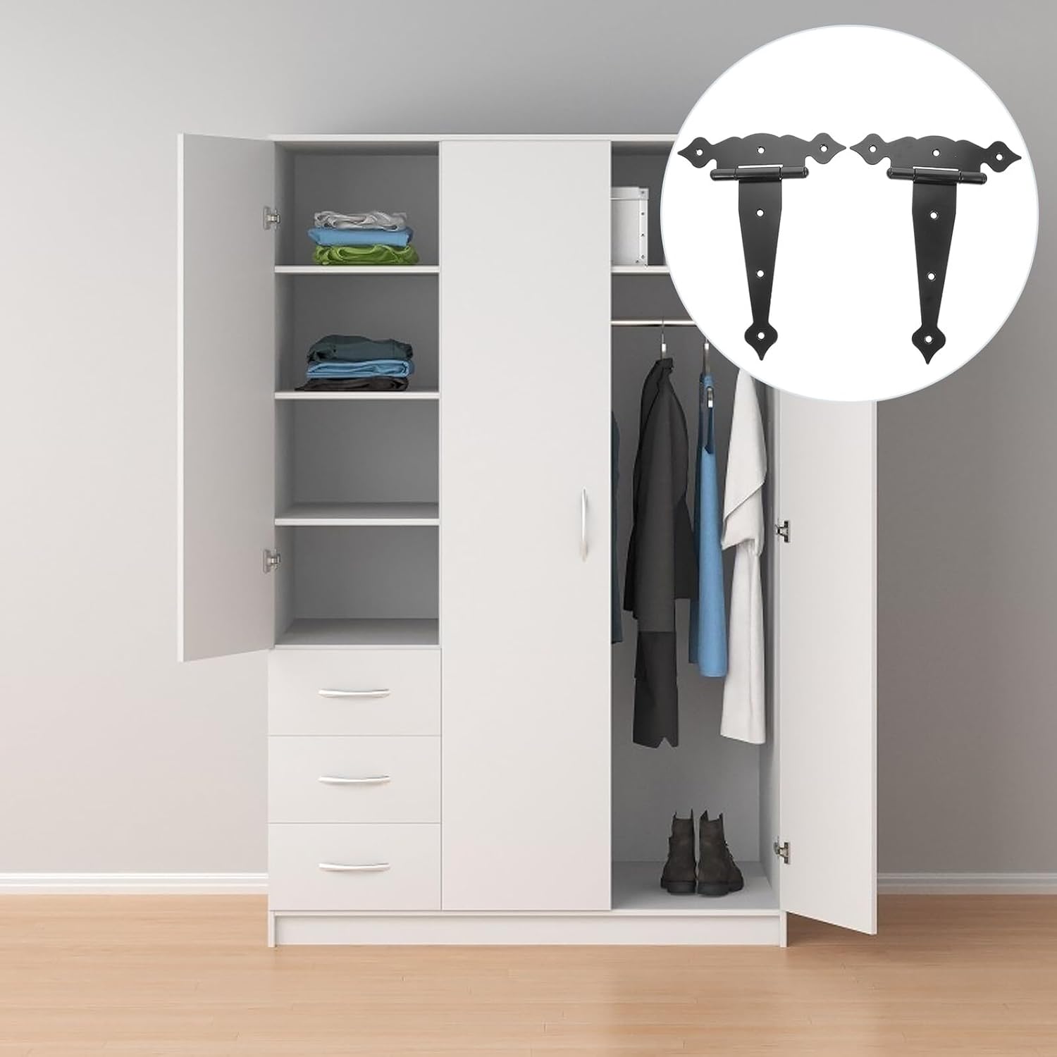 2pcs Heavy Duty T-Strap Door Hinges Black Iron Furniture Hinges with Anti-Rust Finish for Doors Bearing Design for Cabinets and Cupboards