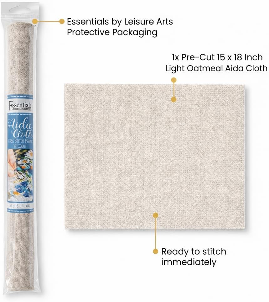Essentials By Leisure Arts Aida Cloth, 14 Count, Lt Oatmeal, Cross Stitch Fabric, Embroidery Fabric, Cross Stitch Supplies for Crafting, Stitching, and Sewing Projects 15X18