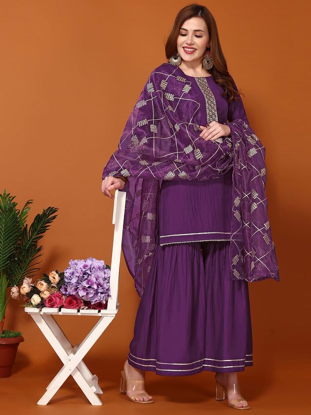 Image of SIRIL Women's Polyester Chinnon Embroidery A-Line Kurta & Sharara & Dupatta