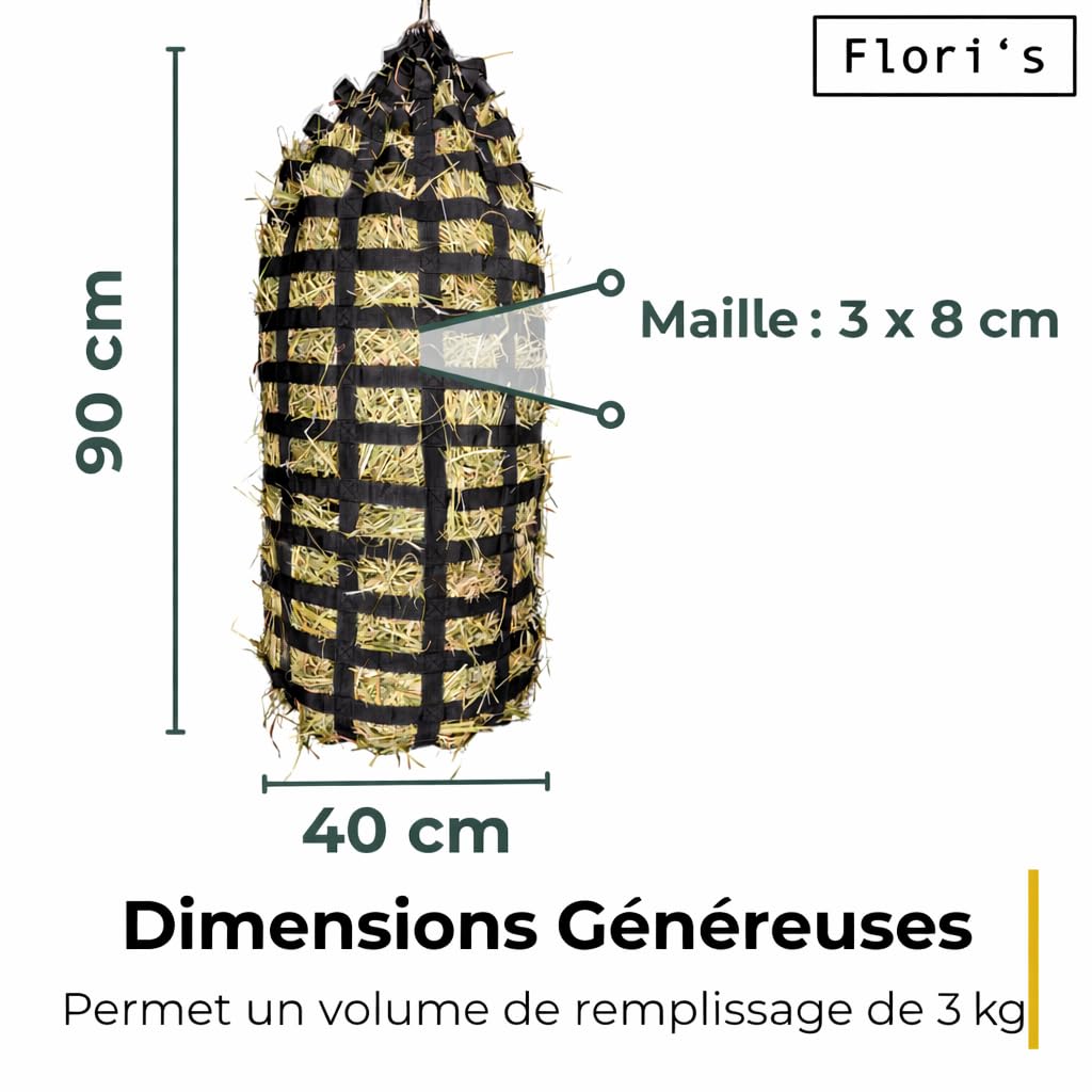 Flori's Filet à foin pour chevaux à mailles serrées - Sac à foin de qualité supérieure pour chevaux à l'alimentation adaptée à l'espèce - 90 x 60 cm - Capacité : jusqu'à 3 kg - Râteau à foin - Jouet