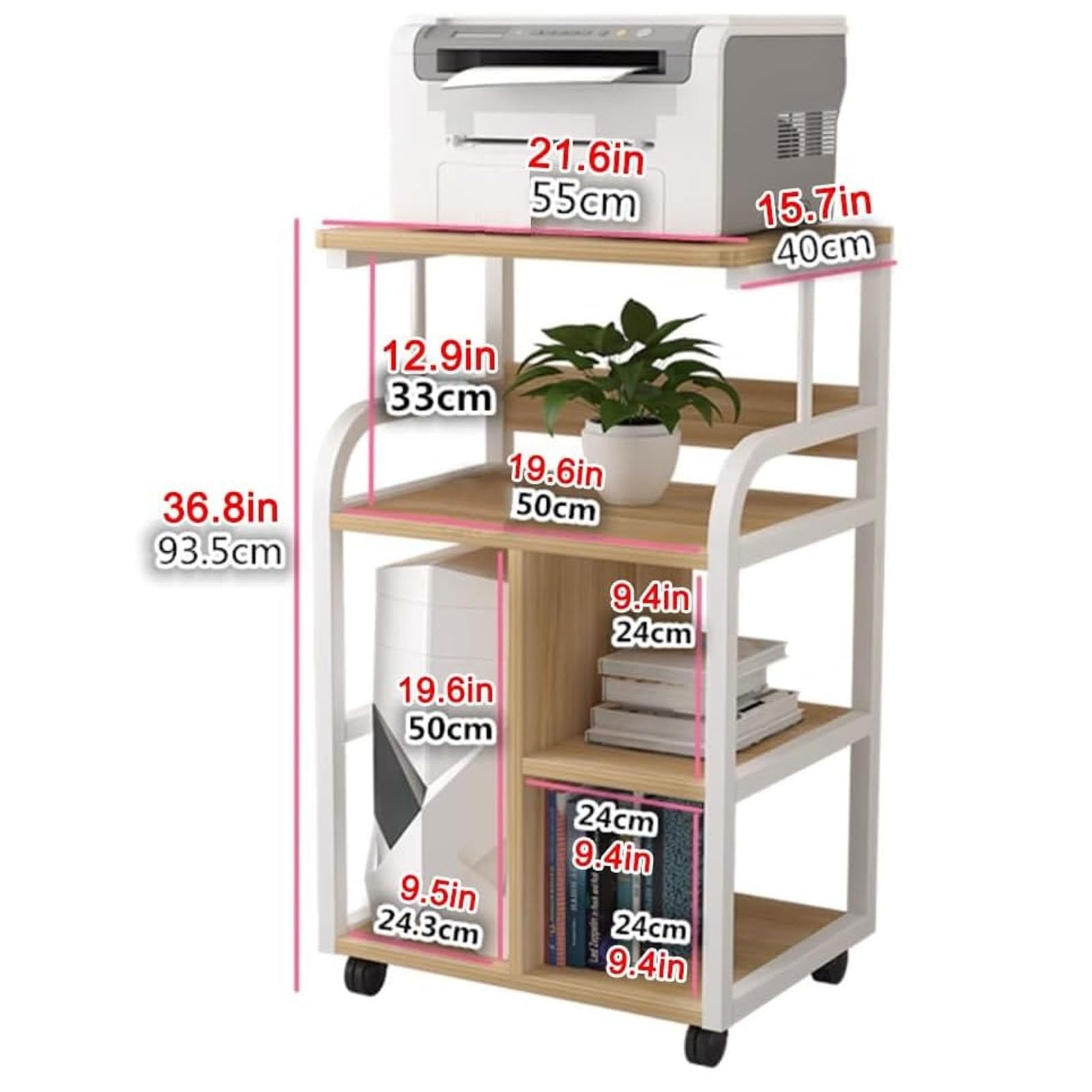 Soporte para impresora de 4 niveles con estante de almacenamiento, carrito móvil resistente para suministros de oficina, fax, escáner, archivos y organización de libros
