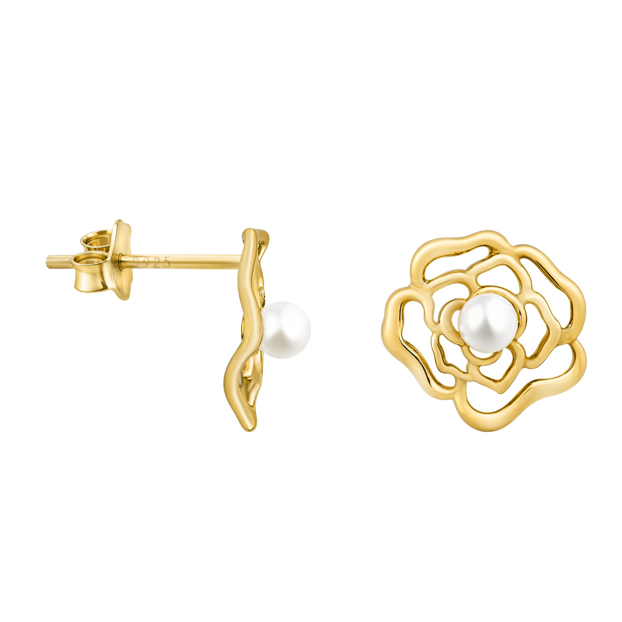 SOFIA MILANI - Pendientes para Mujeres en Plata de Ley 925 - Chapados en Oro - Pendiente de Botón de Rosas perlas