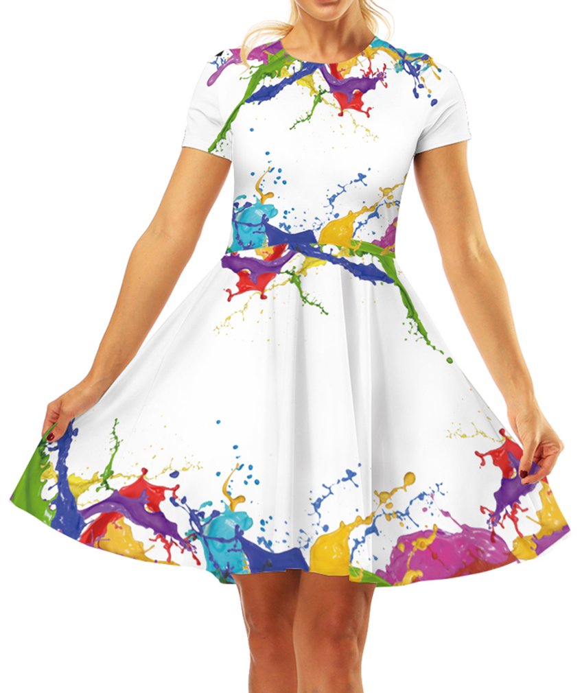 GLUDEARWomen's 3D Print Short Sleeve Unique Casual Flared Midi Dress