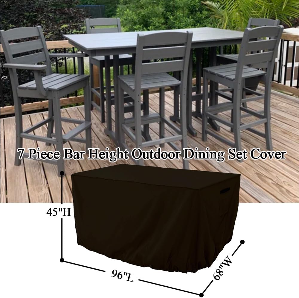 7 Piece Bar Height Outdoor Patio Dining Set Cover for 96 Inch Tall Rectangle Outdoor Patio Bar Set with Table and Swivel Bistro Stools Chairs Heavy Duty Waterproof Cover