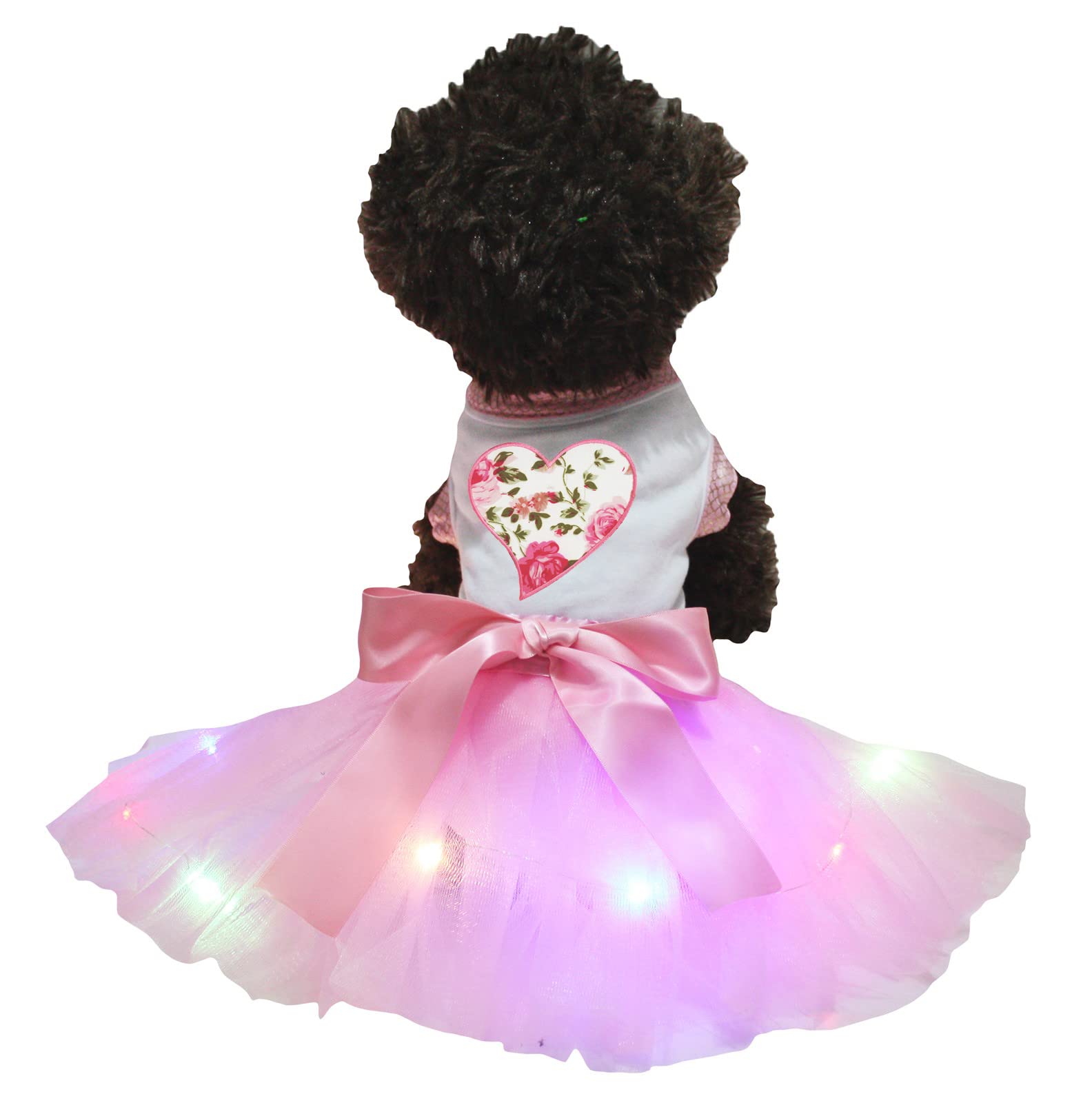 Petitebelle Pink Rose Heart Puppy Dog Dress (White/Pink LED, XXX-Large)