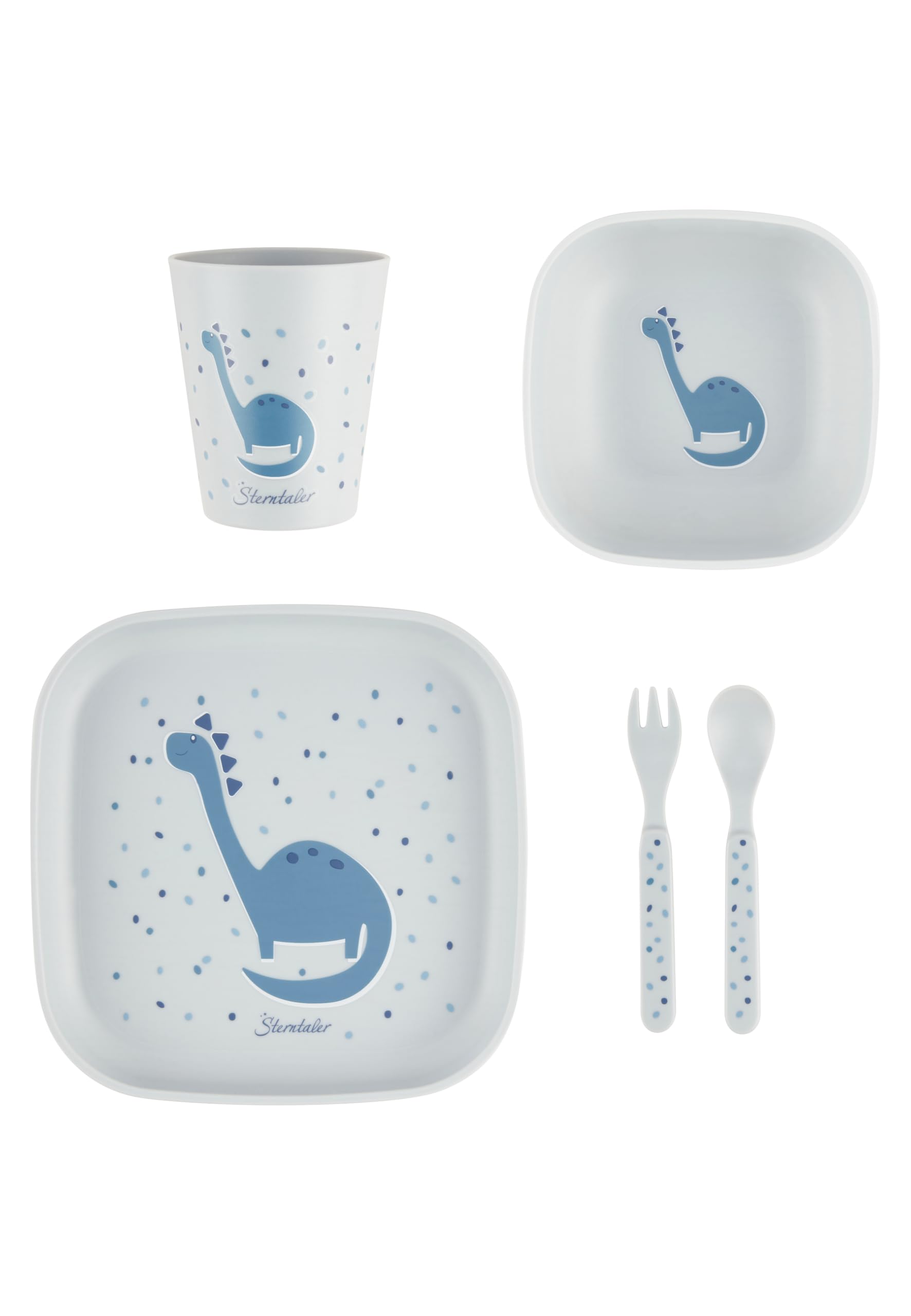 Sterntaler Geschirrset Dino Rexi - Baby und Kindergeschirr in eckiger Form ideal zum Füttern und selbständigen Essen lernen - robustes Geschirr aus lebensmittelechten Material, graublau