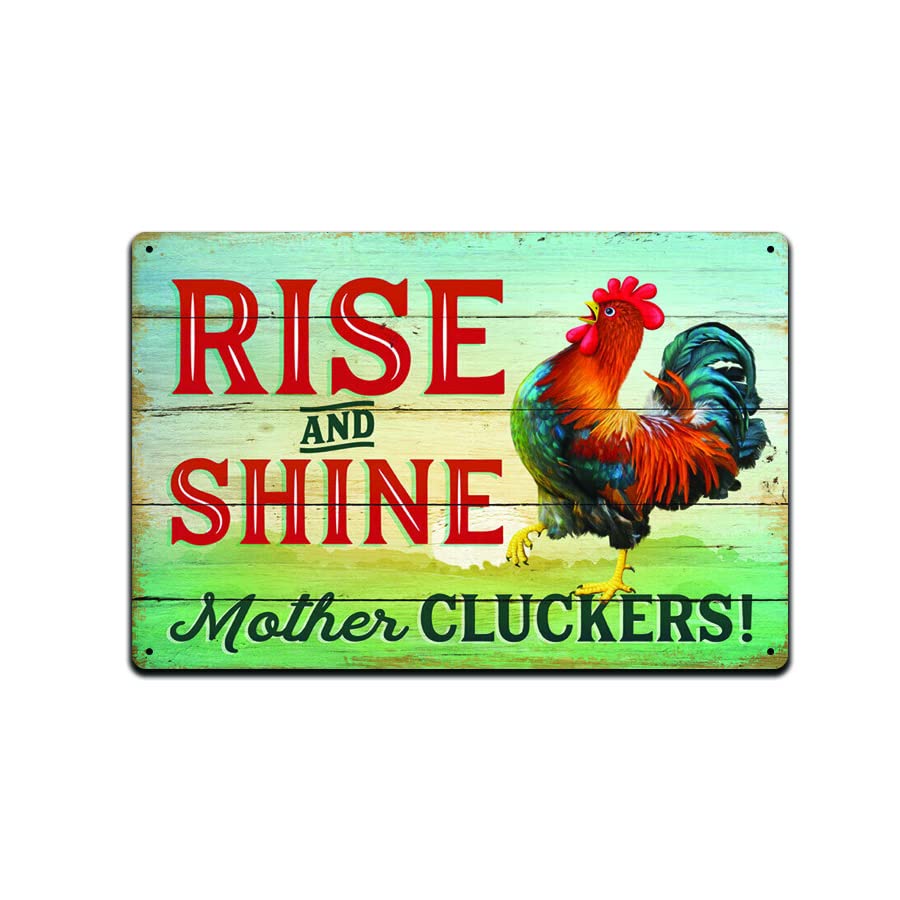 Cartello In Metallo Vintage "Rise And Shine Mother Cluckers" Con Gallina - Decorazione Da Parete Rustica Per Cucina, Fattoria, Garage - 20x30 Cm - 2