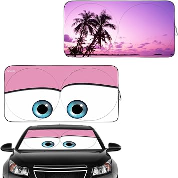 Gven Windshield Shade, 2024 Car Sun Shade for Front Windshield Funny Car Eyes Sunshades Sun Visor Protector Blocks UV Rays Foldable 210T Keep Your Vehicle Cool Eyes-Pink, L + Sunset, L