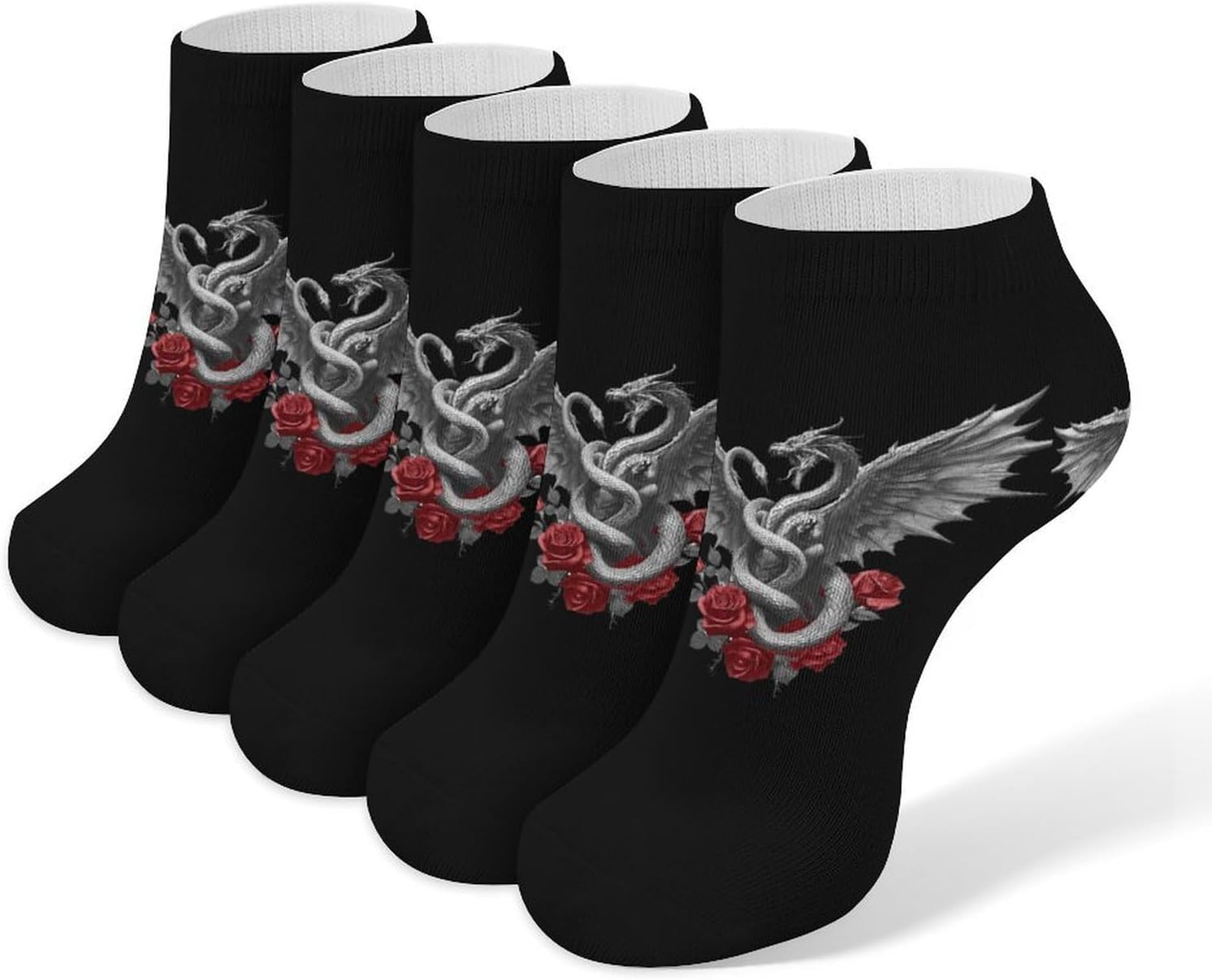 Dragon Snake Roses Socks for Men Women 5 Pairs Ankle Socks
