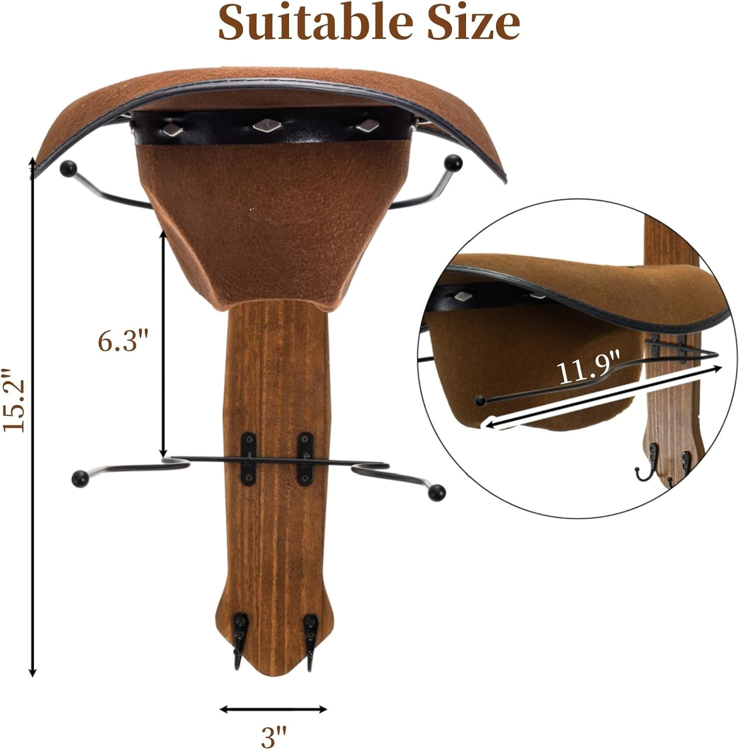 WRINGKIT Set of 2 Cowboy Hat Rack for Wall, Rustic Western Metal Cowboy Hat Holder Hanger with Solid Wood Board, Holds Up to 4 Hats And 8 Baseball Caps, Cowboys Sun Hats Organizer for Wall Decor