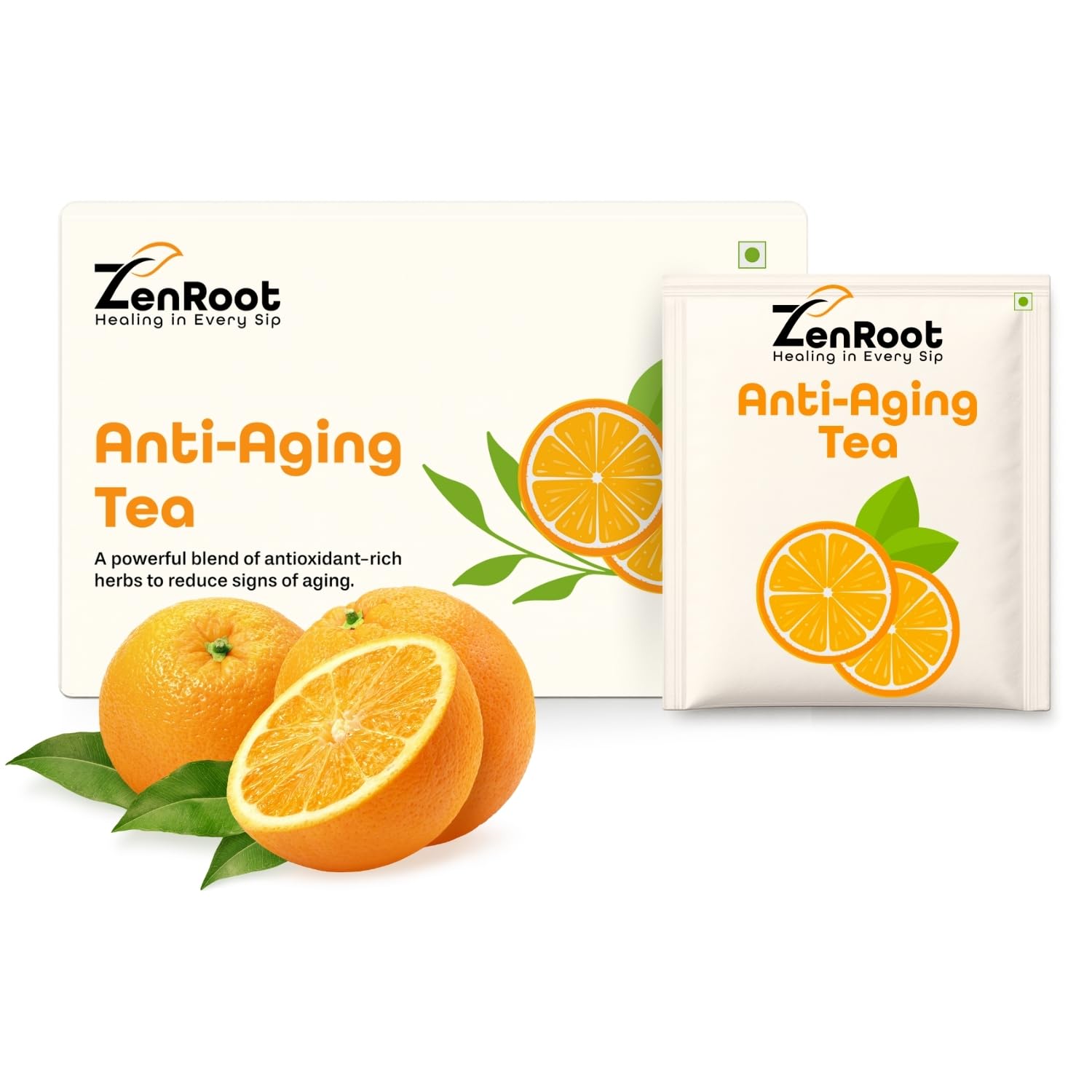 zenroot 11-herb anti-aging tea | green & white tea blend with tulsi, rooibos, ashwagandha & more | for radiant skin, vitality & wellness | 20 pyramid bags