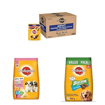 Pedigree Wet Dog Food, Chicken&Liver Chunks in Gravy Flavour, Pack of 30 & Nutri Defense Dry Food With Milk for Small Dog Puppy, Lamb&Milk Flavour,1.2kg & Biscrok Biscuit Treats, Chicken Flavour, 90