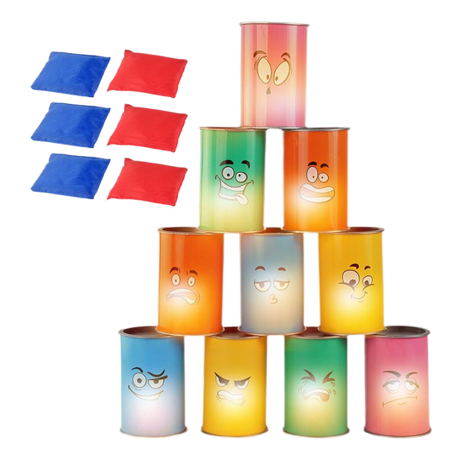 Can Toss Game With LED Lights - 16-Piece Funny Face Kids Party Games With LED Lights, Light-Up Tin Can Alley For Night-Time Garden Parties, Backyard Beach Games, 10 Jars 6 Bean Bags