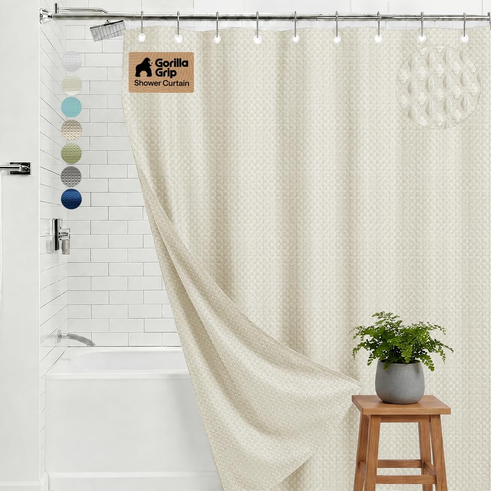 GORILLA GRIP Textured Shower Curtain, Thick Weighted Fabric, Wrinkle and Rust Resistant, Hotel Quality Design, Heavy Duty Curtains for Bathroom Showers, Bath Tubs, Machine Wash, 72x72, Ivory Cream