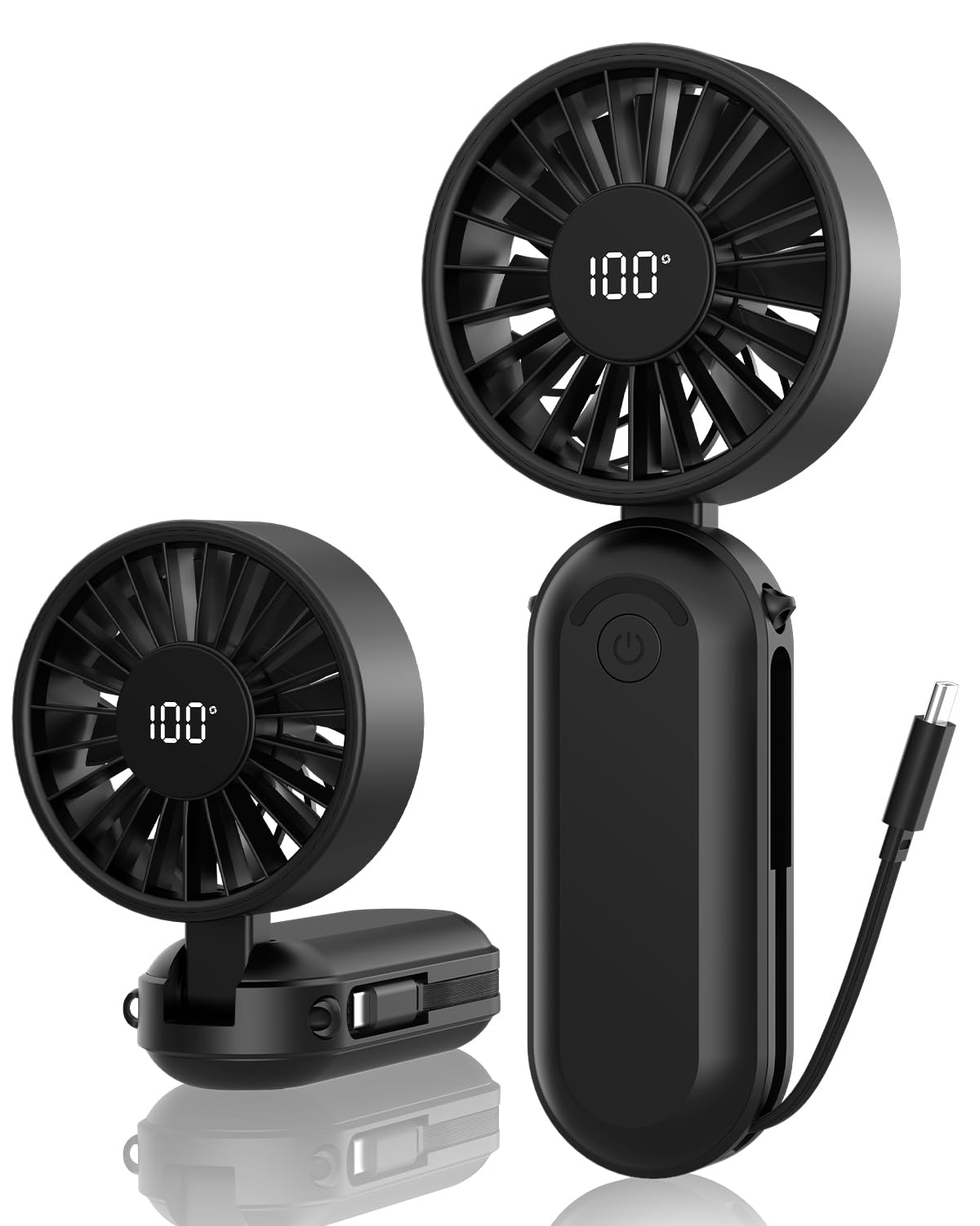 Amacool Foldable Handheld Fan Rechargeable, Built-in Type-C Cable, 5-Speed Personal Fan, Max 17H Runtime, Wearable Neck Fans for Travel Outdoor Cruise Makeup, Gift for Women Men Stylish Girl (Black)