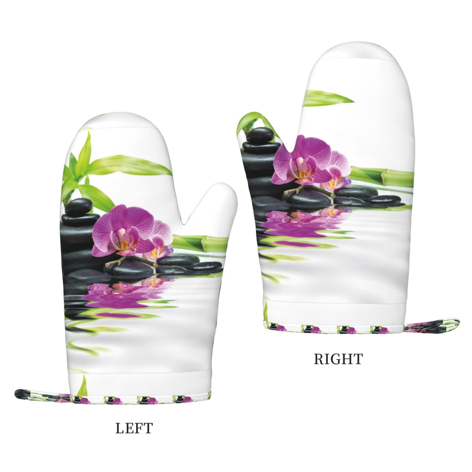 Set di quattro guanti resistenti al calore e presine antiscivolo, guanti da forno, guanti da cucina, benessere asiatico con pietre da massaggio Zen, orchidea viola