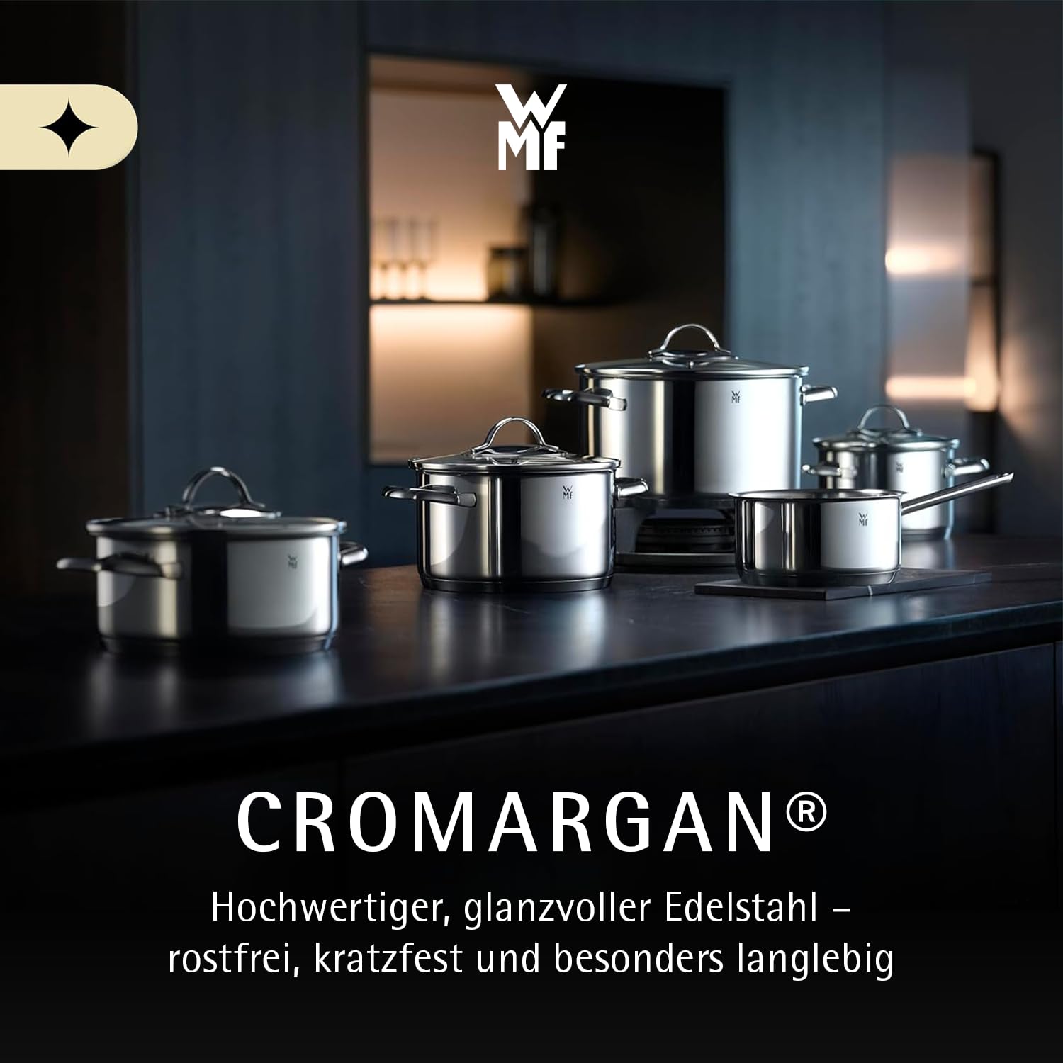 WMF Aparto Vorteils Topfset Induktion 6-teilig, Kochtopf Set mit Glasdeckel, Cromargan Edelstahl poliert, Induktions Töpfe Set unbeschichtet, spülmaschinengeeignet (Topf-Set, 6-teilig)
