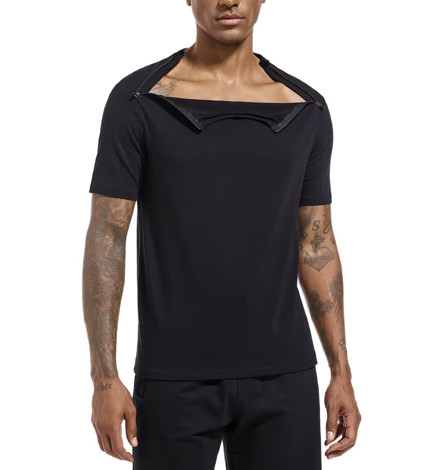Landofgenie Camisetas Deportivas Unisex después de cirugía de Hombro para Hombre y Mujer, Camiseta Funcional con Cremalleras Laterales Izquierda y Derecha, Camisetas Activewear, Negro