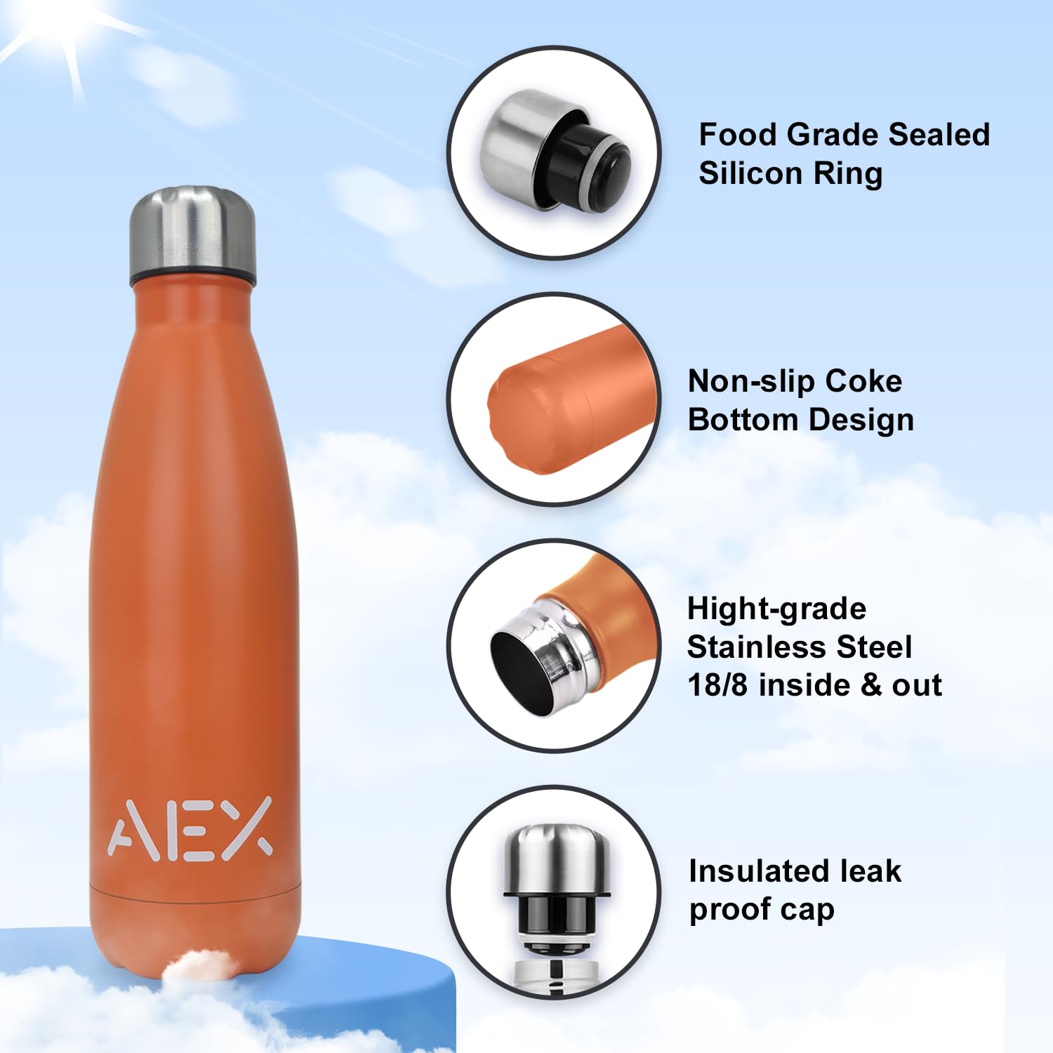AEX Edelstahl-Wasserflasche, BPA-frei, vakuumisoliert, Metall-Wasserflasche für 12 Stunden heiße und 24 Stunden kalte Getränke, Sportflasche, Fitnessstudio, Reisen – 500 ml (matt orange)
