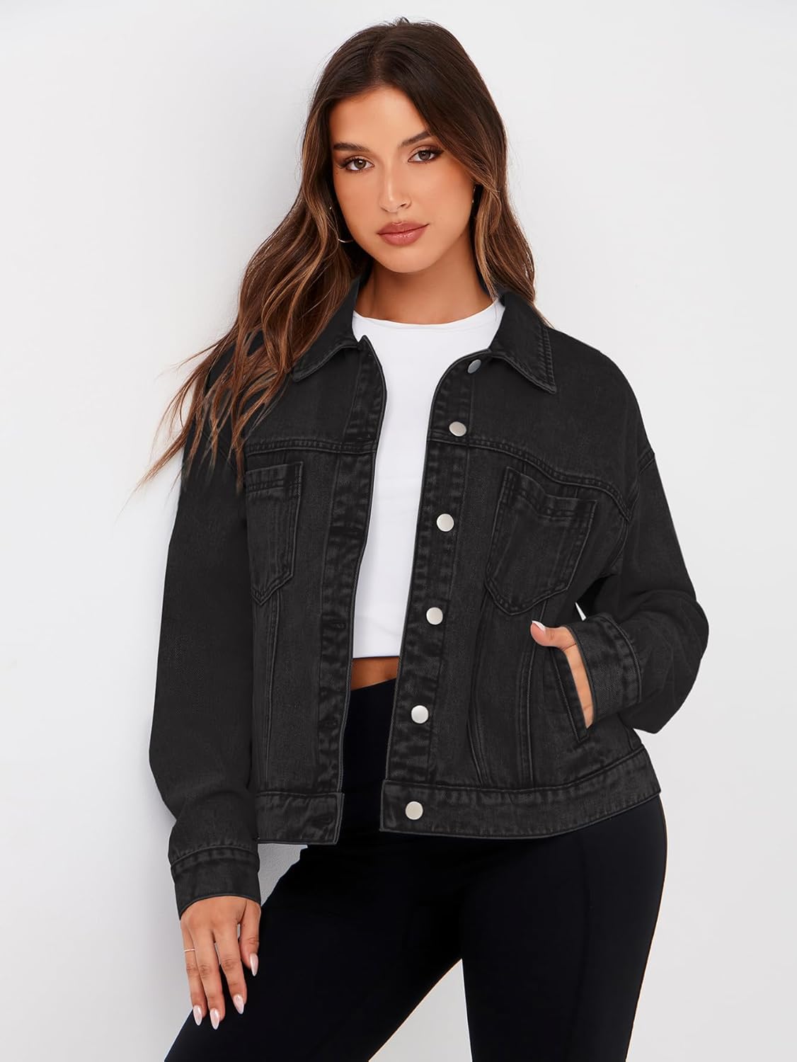 Glamaker Womens Oversized Jean Jacket Casual Long Sleeve Button Down Denim Jacket Fall Coat - Image 3