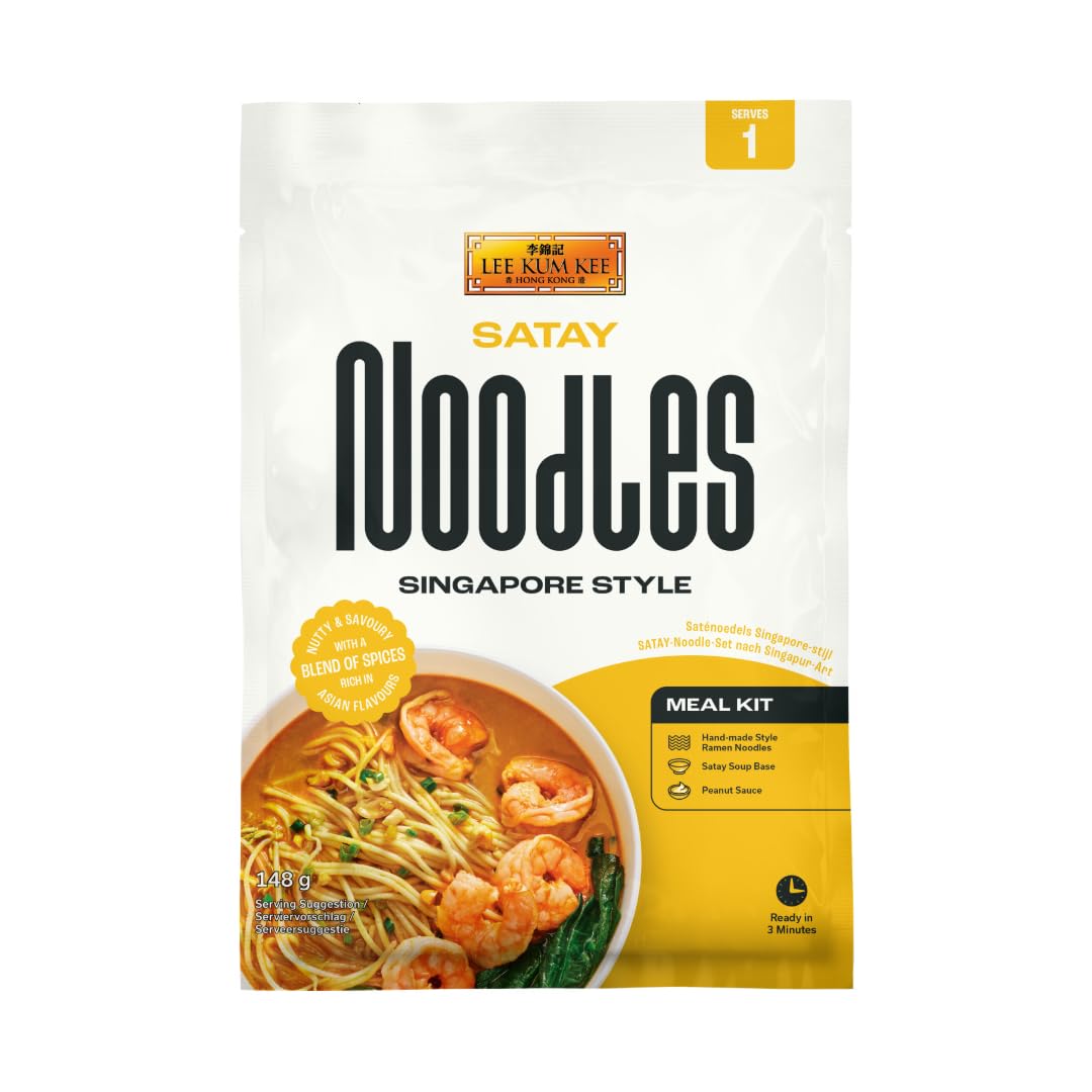 Lee Kum Kee Satay Noodle Kit 148 g (Pack of 1) - Singapore Style Satay Ramen Noodles with Peanut Sauce and Soup Base, Ready in 3 Minutes, Serves 1