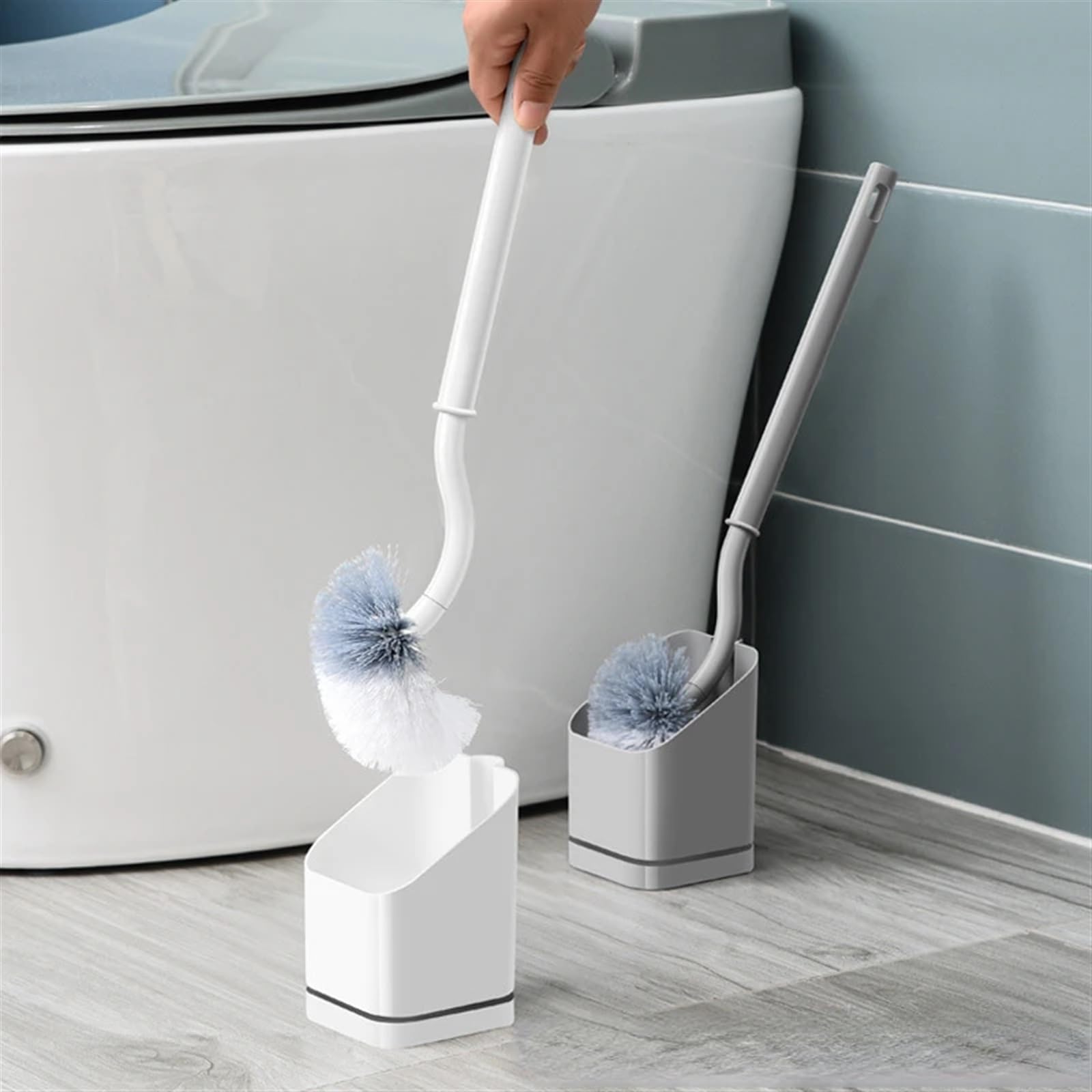 Cepillo de inodoro multifunción sin esquinas muertas, cepillo de pelo suave de mango largo con combinación de base (azul oscuro) (un color blanco)
