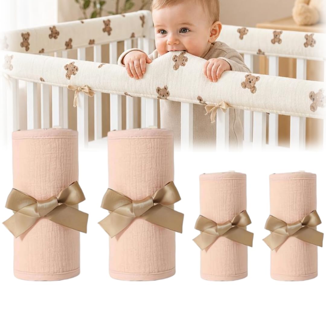 4PCS Crib Rail Cover for Teething,Furniture Edge Protector for Nursery Bed,Tollder Proofing Edge Protector,Corner Bed Rail Bumpers for Furniture,Teething Pad Set for Front and Back Rails